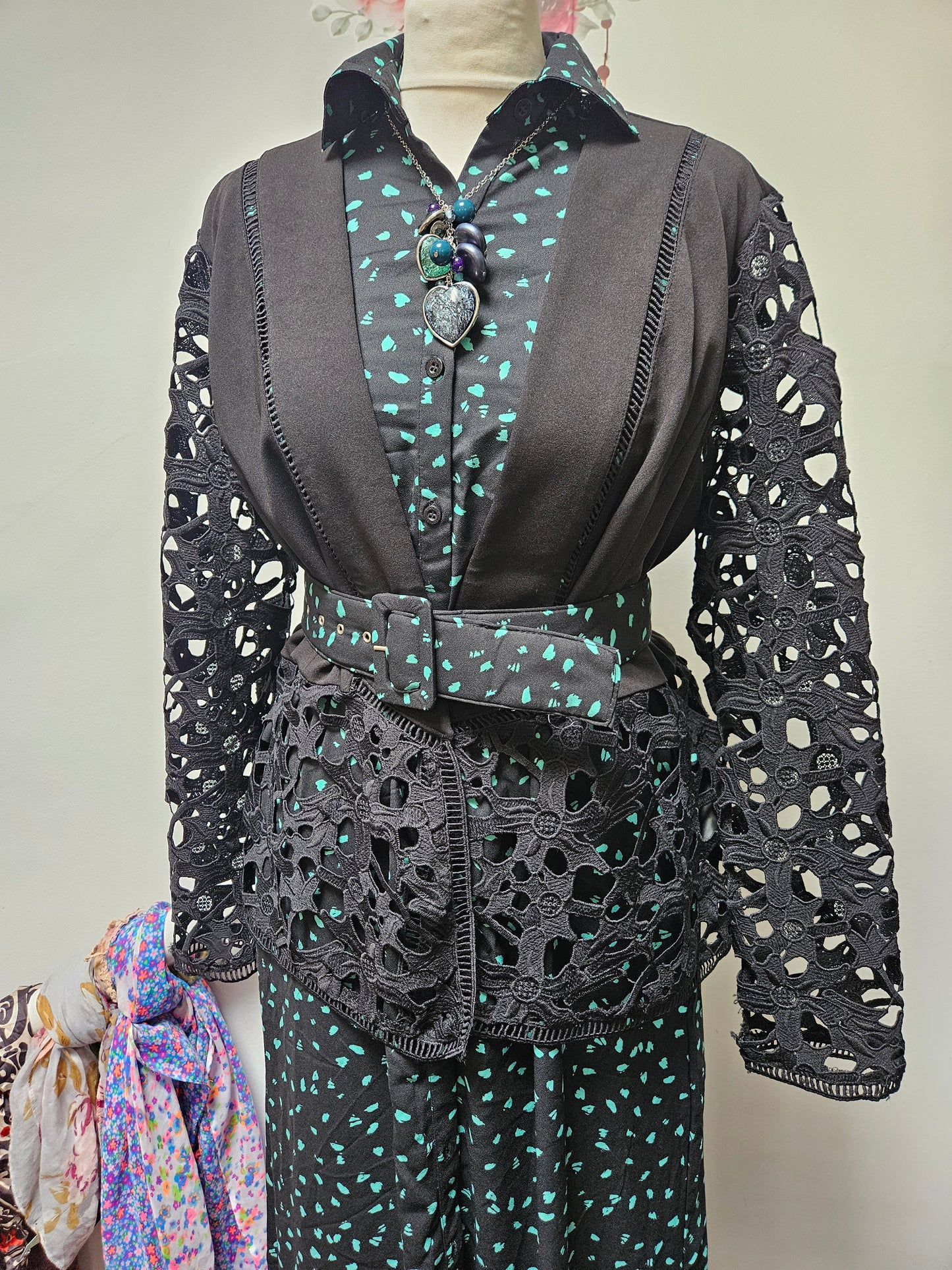 Klass, black jacket with lace detail,size 16