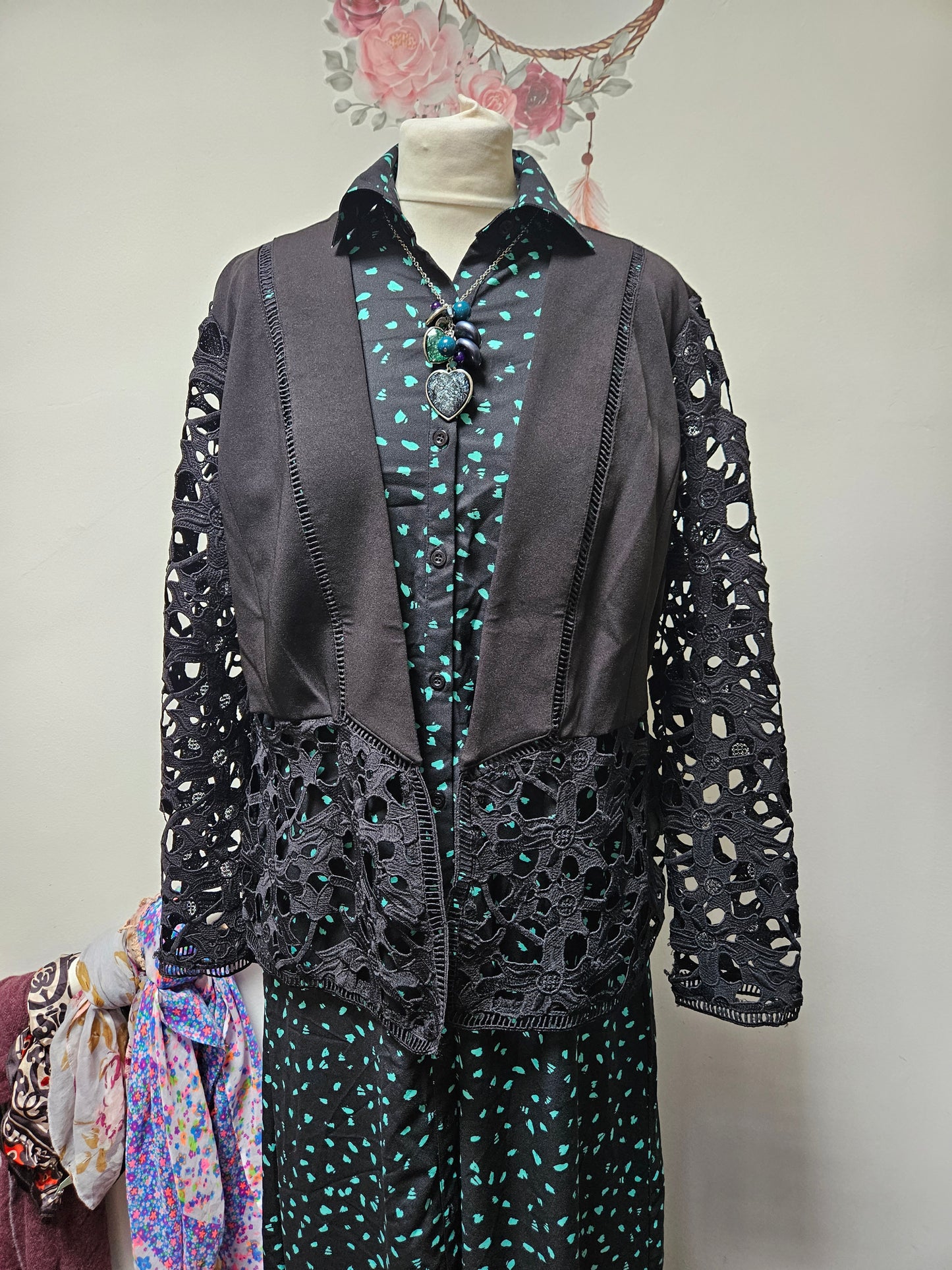 Klass, black jacket with lace detail,size 16