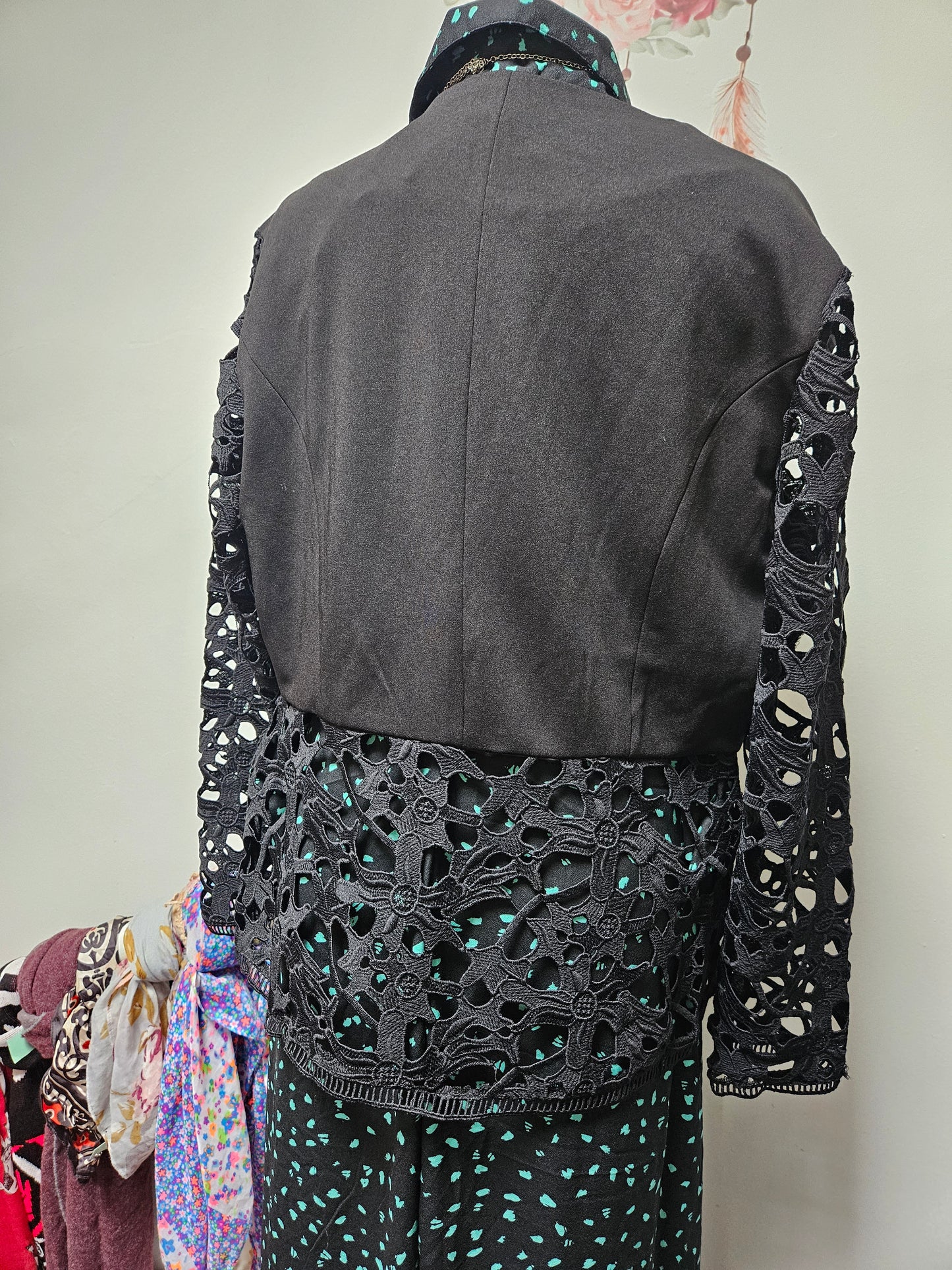 Klass, black jacket with lace detail,size 16