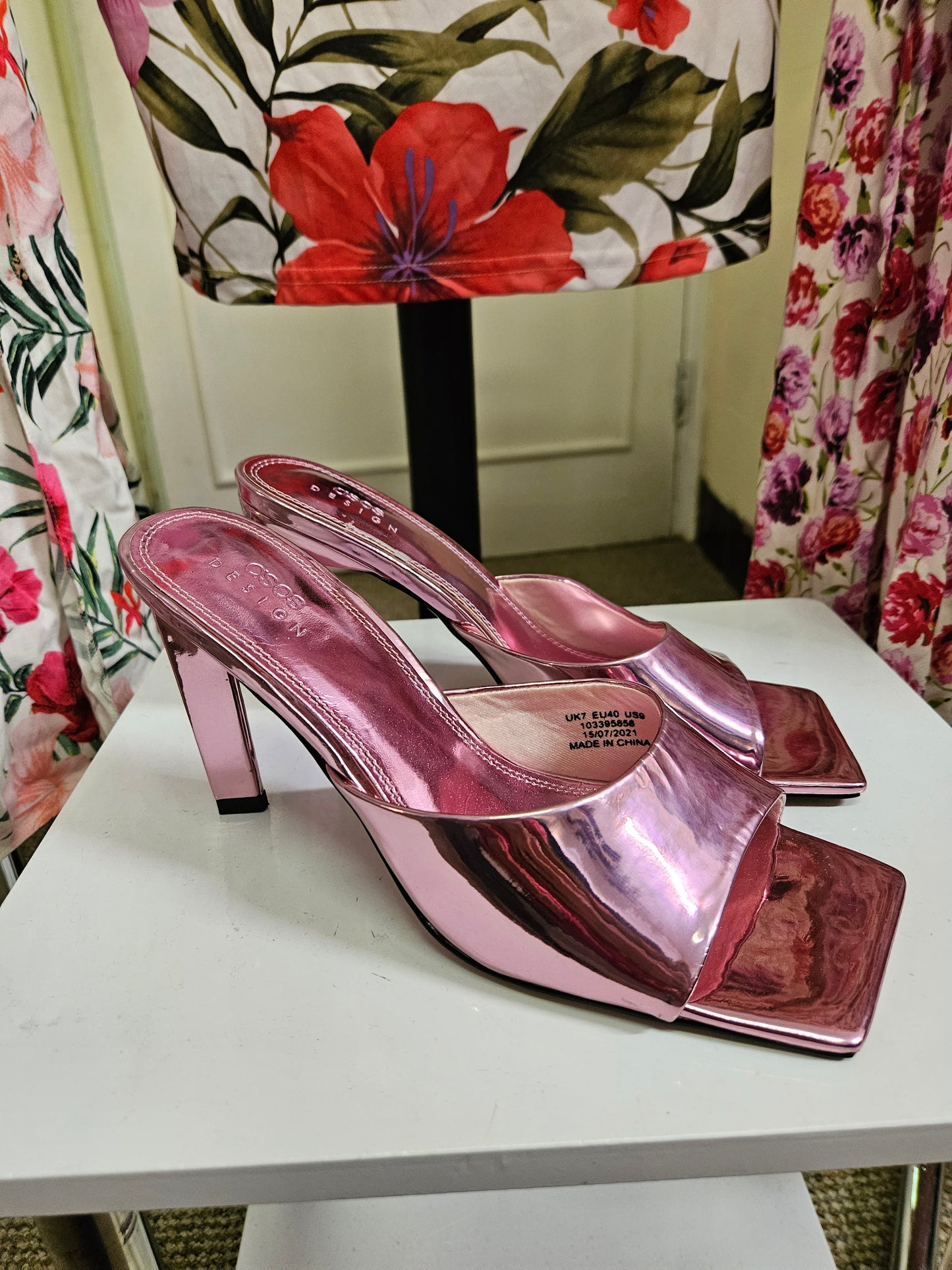 Asos, new,pink metallic heeled mules, size 7