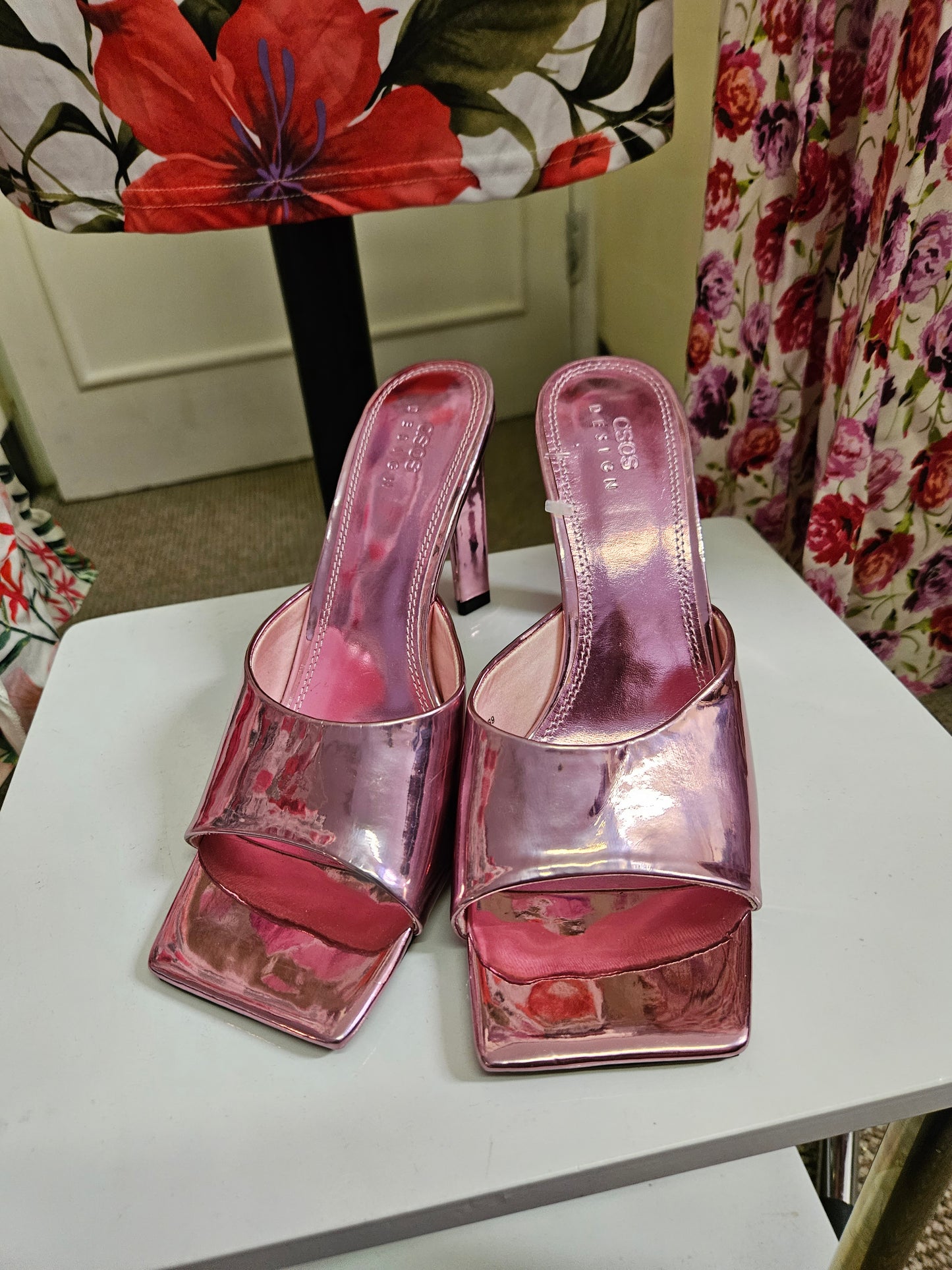 Asos, new,pink metallic heeled mules, size 7