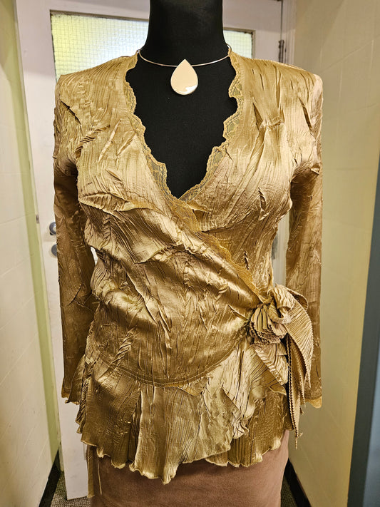 Gina Baconni, gold wrap blouse, size S