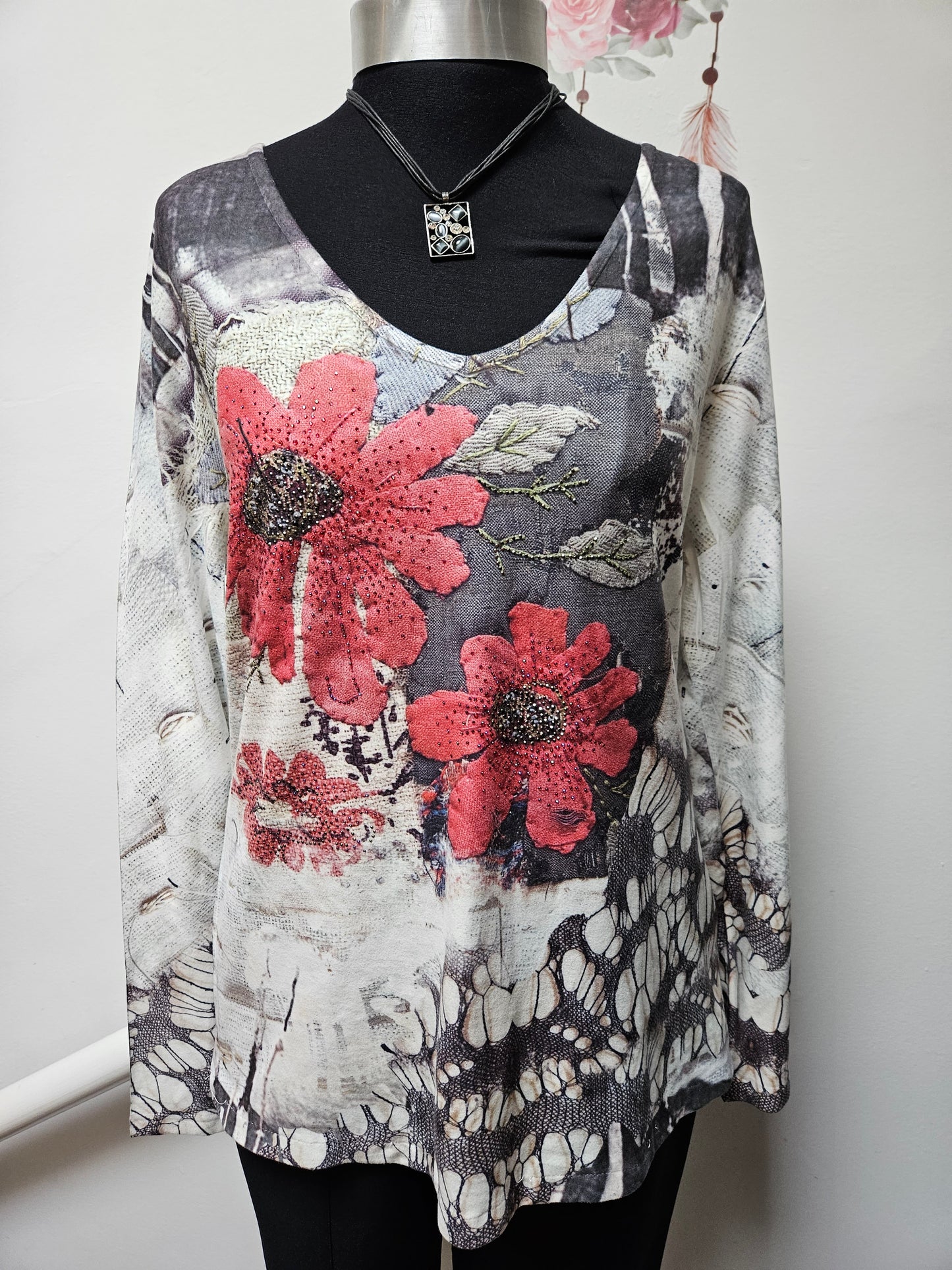 Flower print top, embelished, size 14