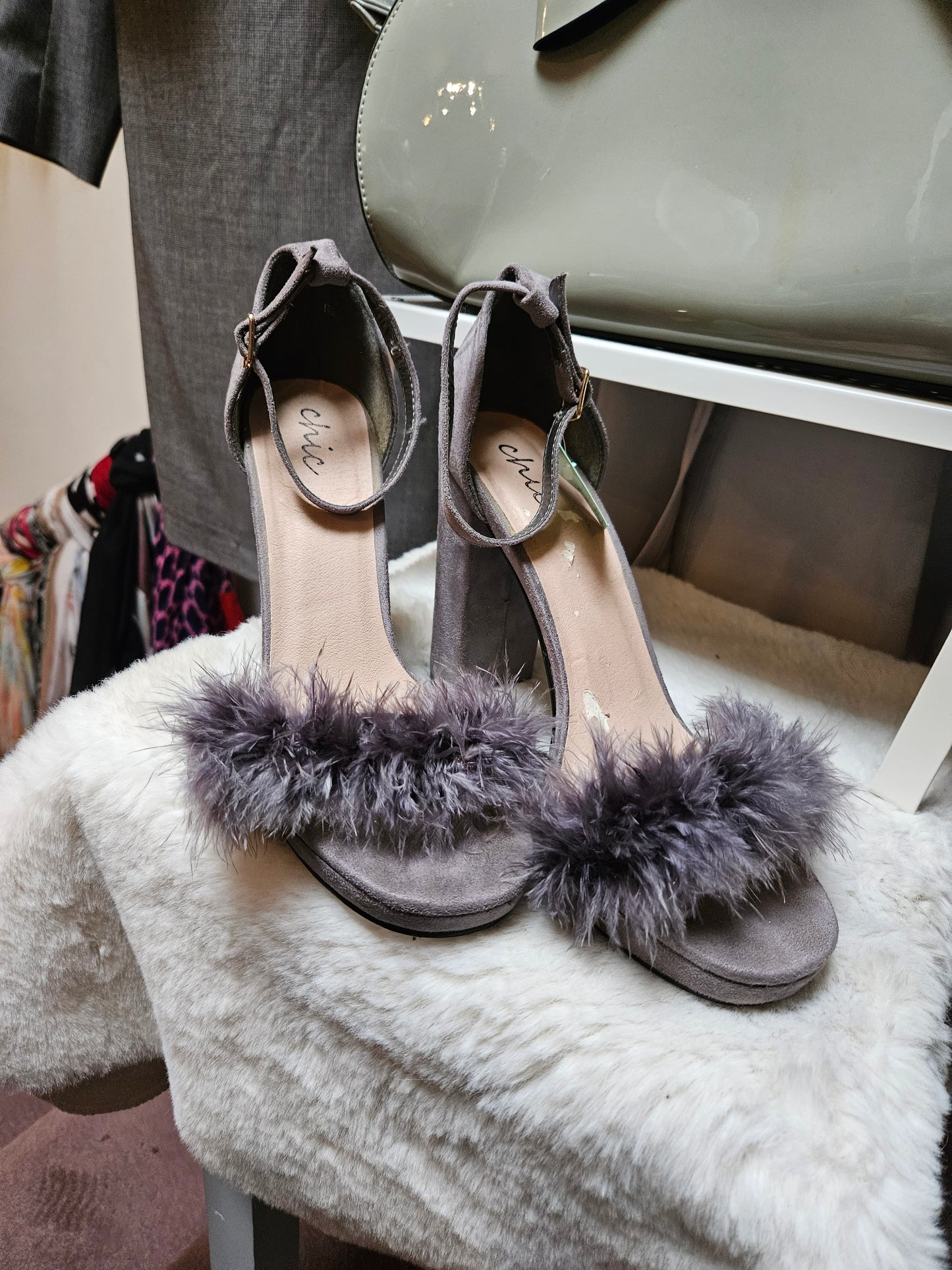 Chic, grey fluffy heels, size 7