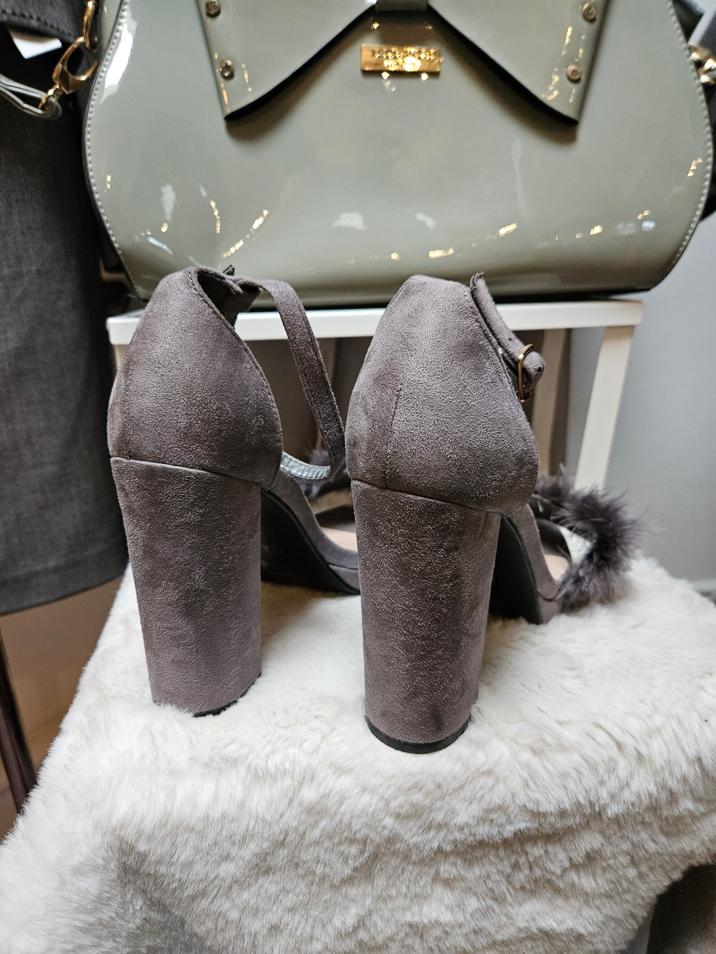 Chic, grey fluffy heels, size 7