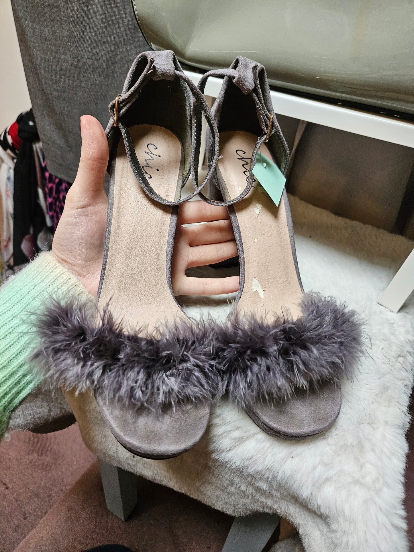 Chic, grey fluffy heels, size 7