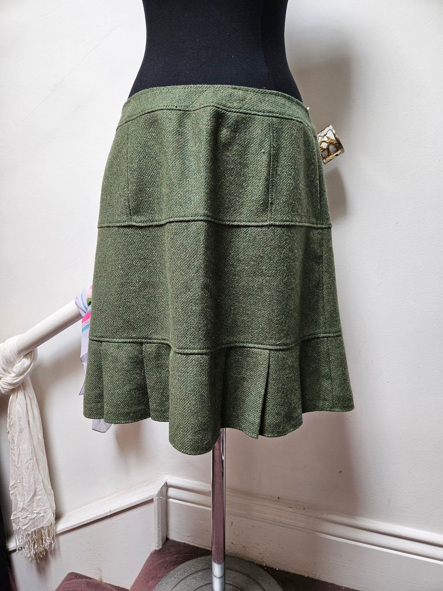 Whistles,  60 % virgin wool,16% mohair, khaki skirt with buttons, size 14