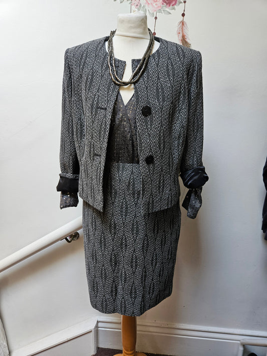 Minuet petite, dark grey suit- jacket and skirt, size 12