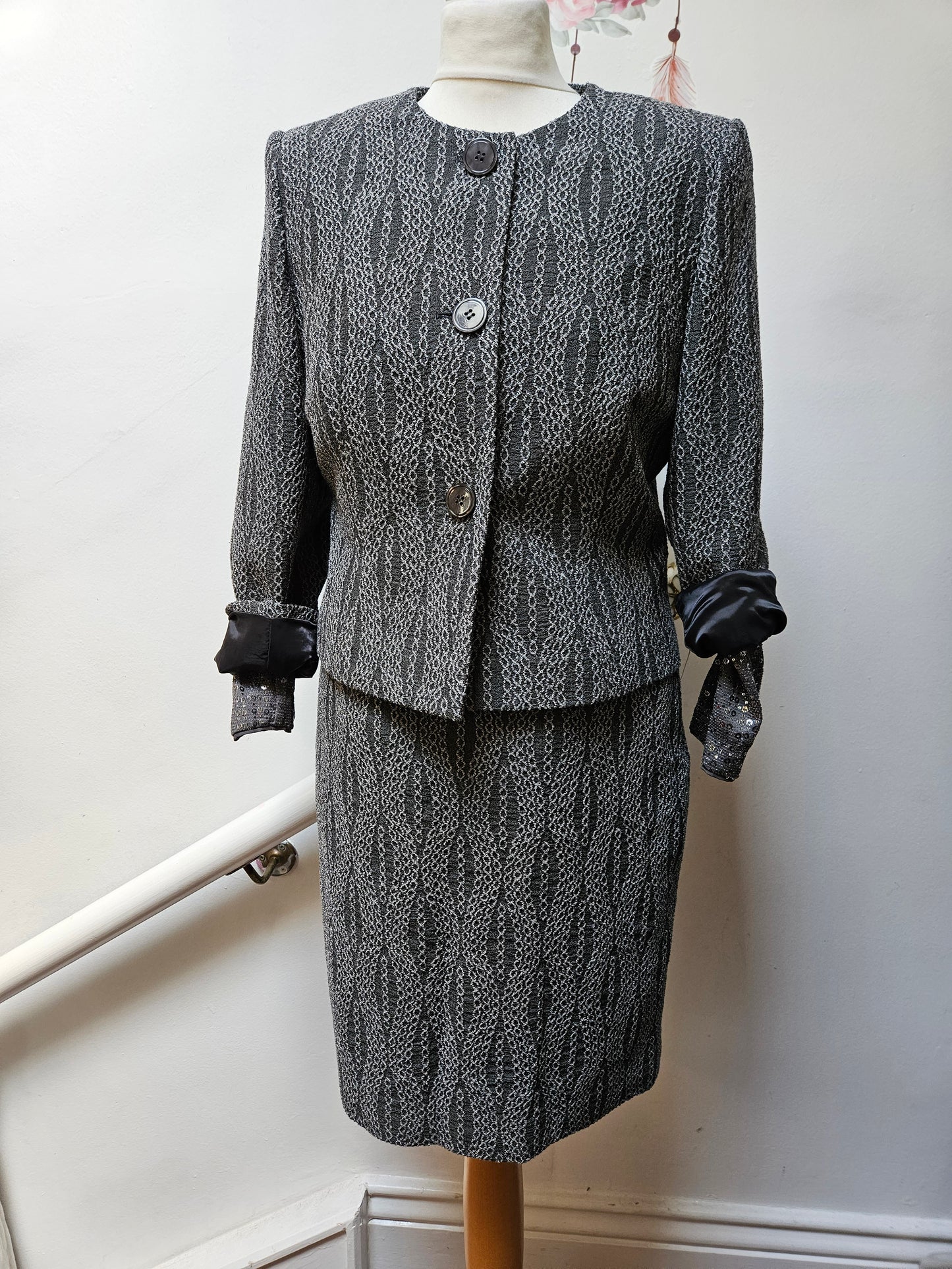 Minuet petite, dark grey suit- jacket and skirt, size 12