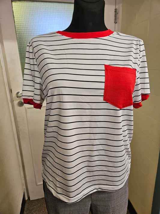 Shein ,stripey top with red pocket, size S