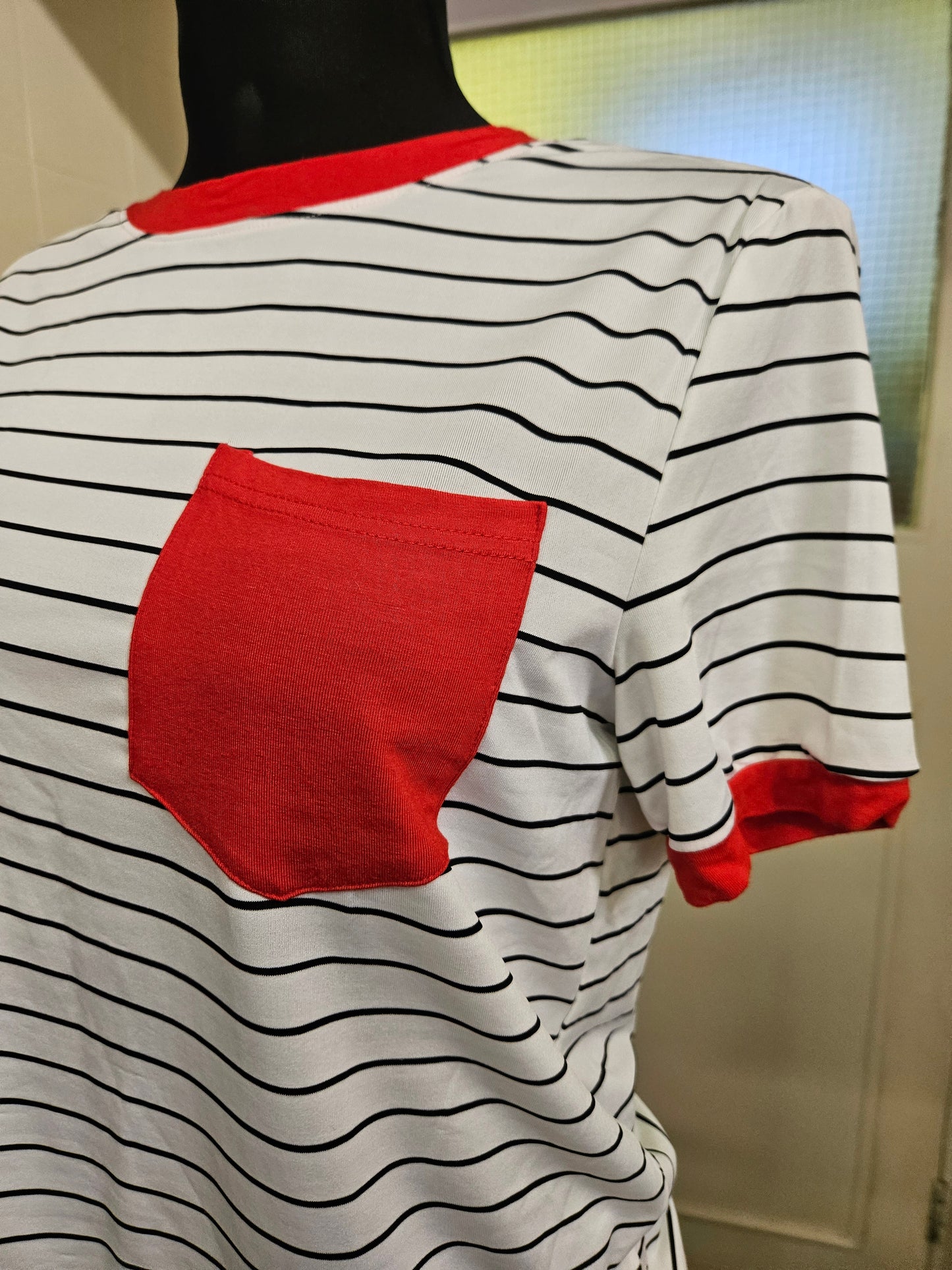 Shein ,stripey top with red pocket, size S