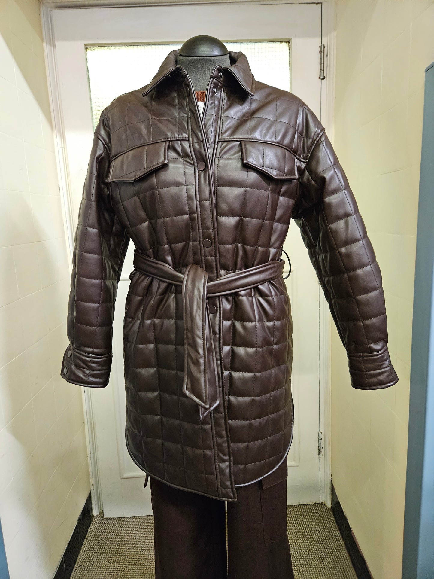 Primark, chocolate brown,PU leather coat with belt  2XS-oversized, (would fit XS )