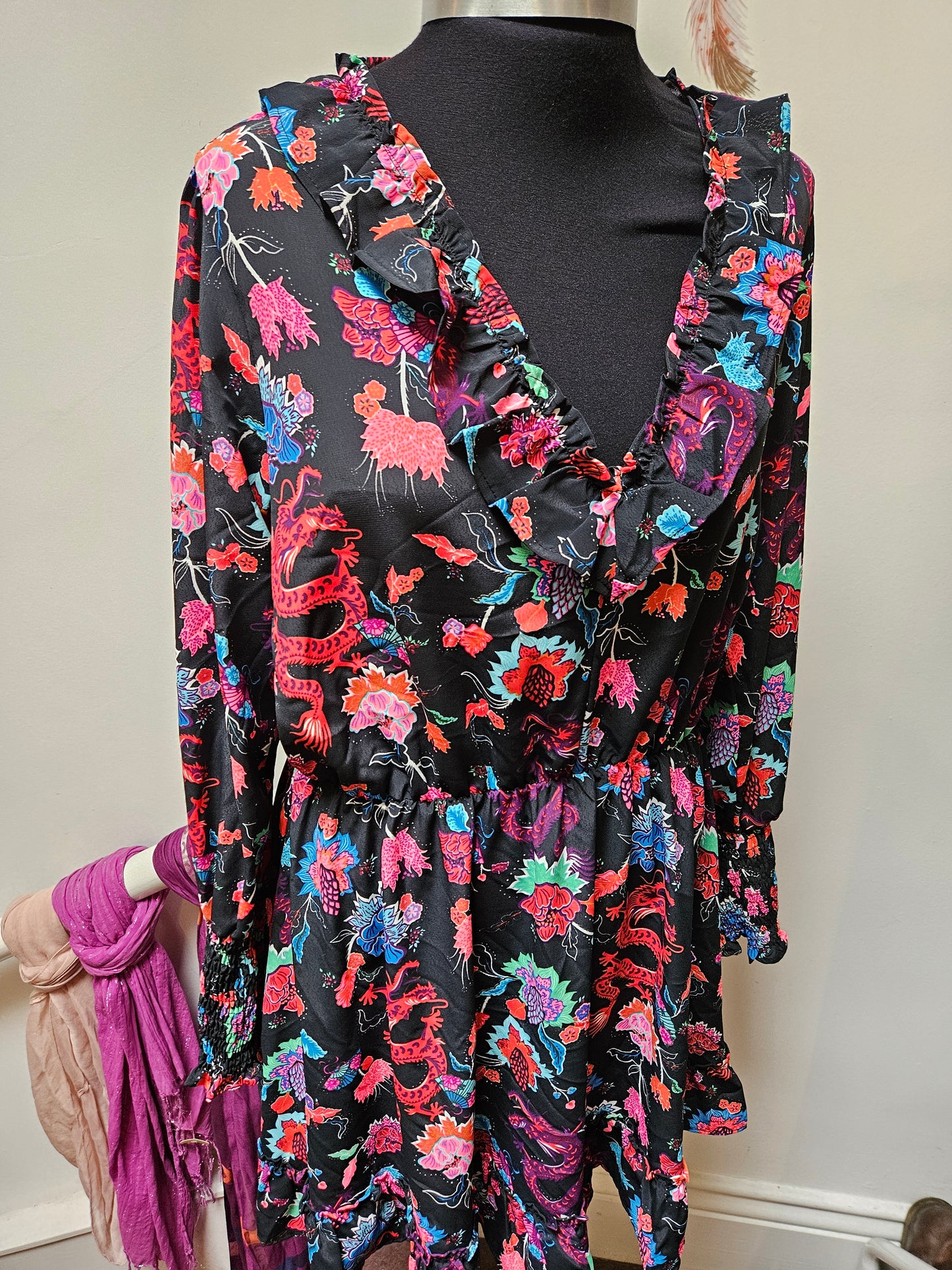 Savida, flower/dragon print dress, size L