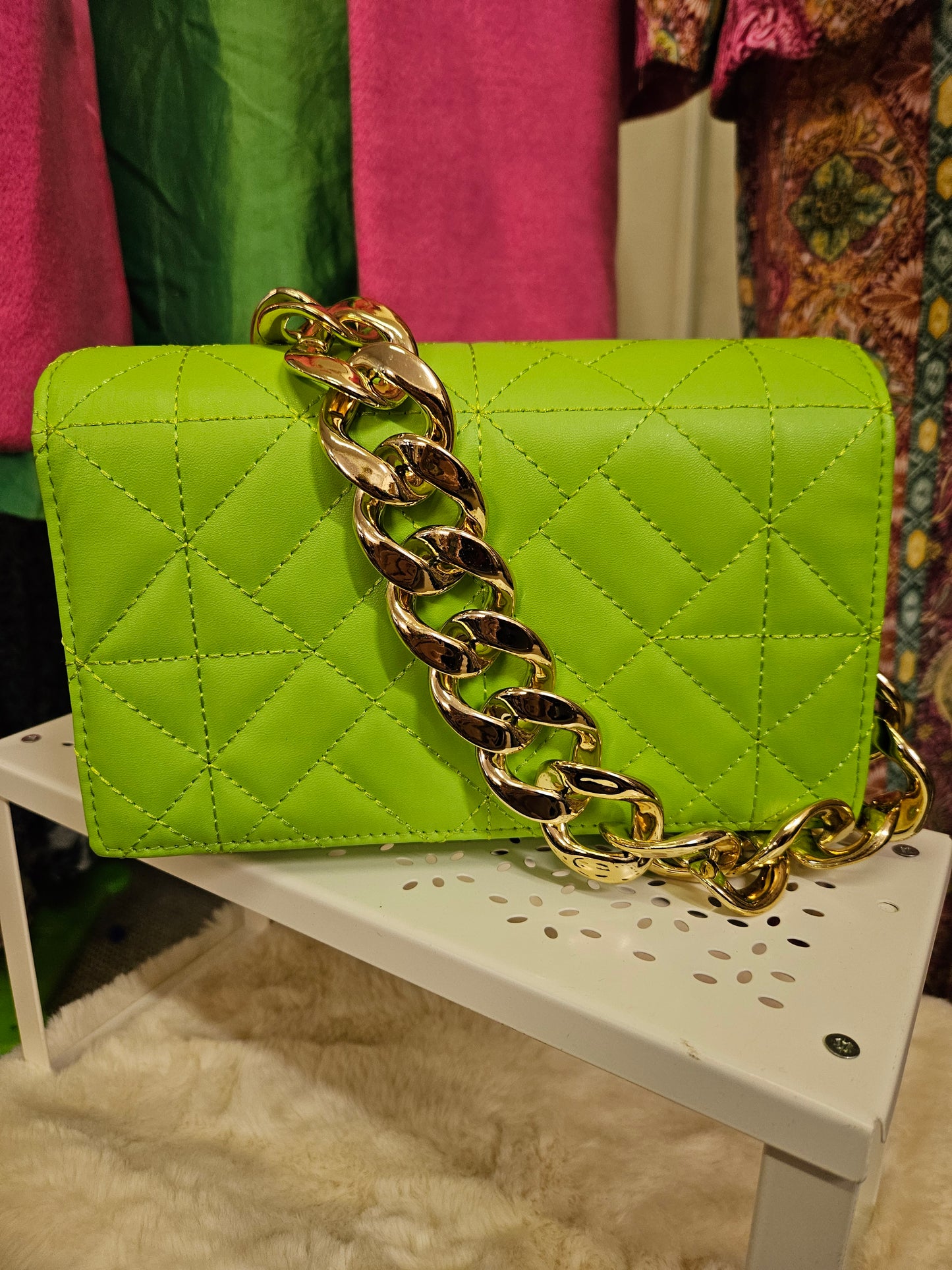 Lime green quilted bag with chunky chain handle