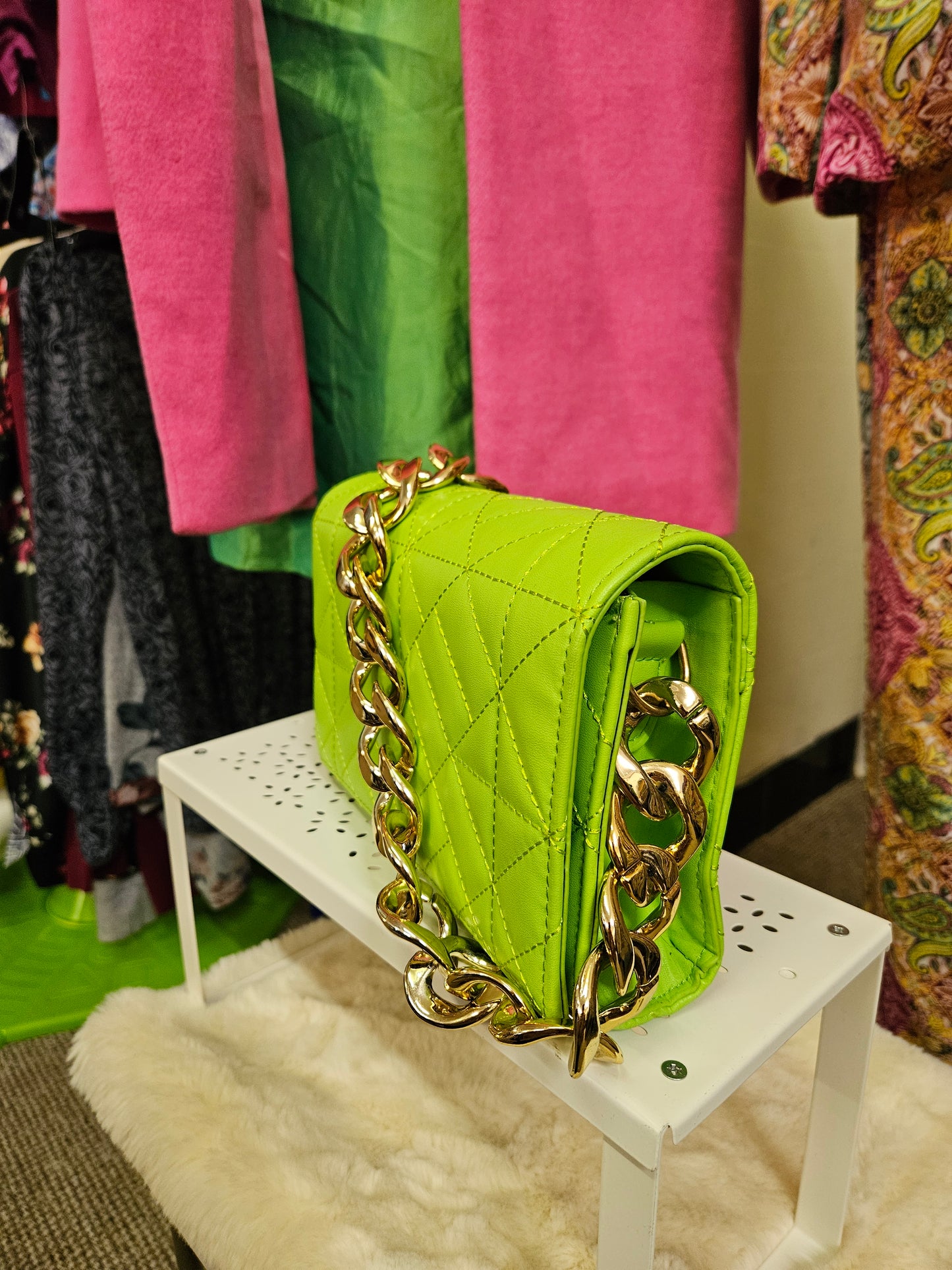 Lime green quilted bag with chunky chain handle