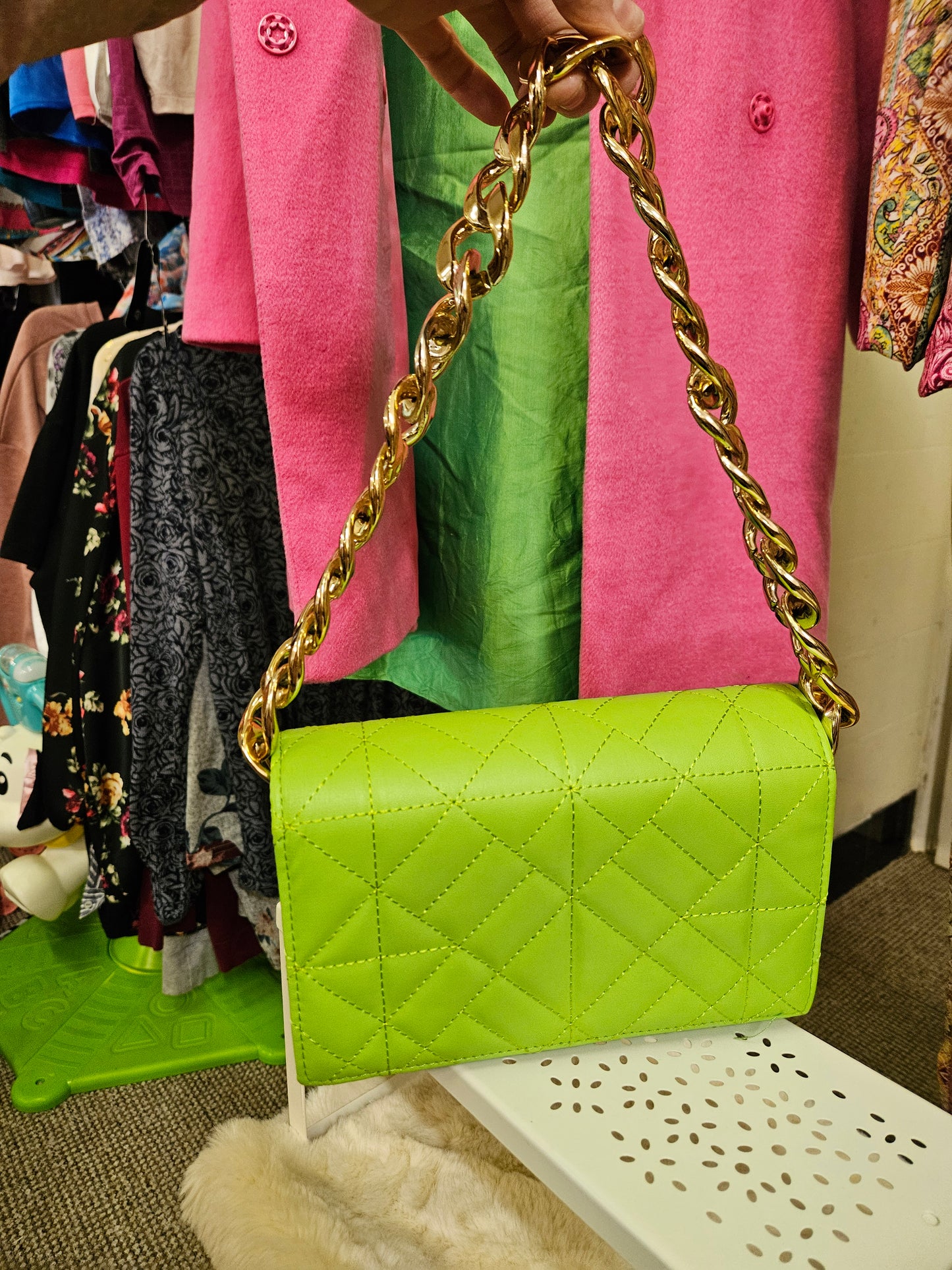 Lime green quilted bag with chunky chain handle