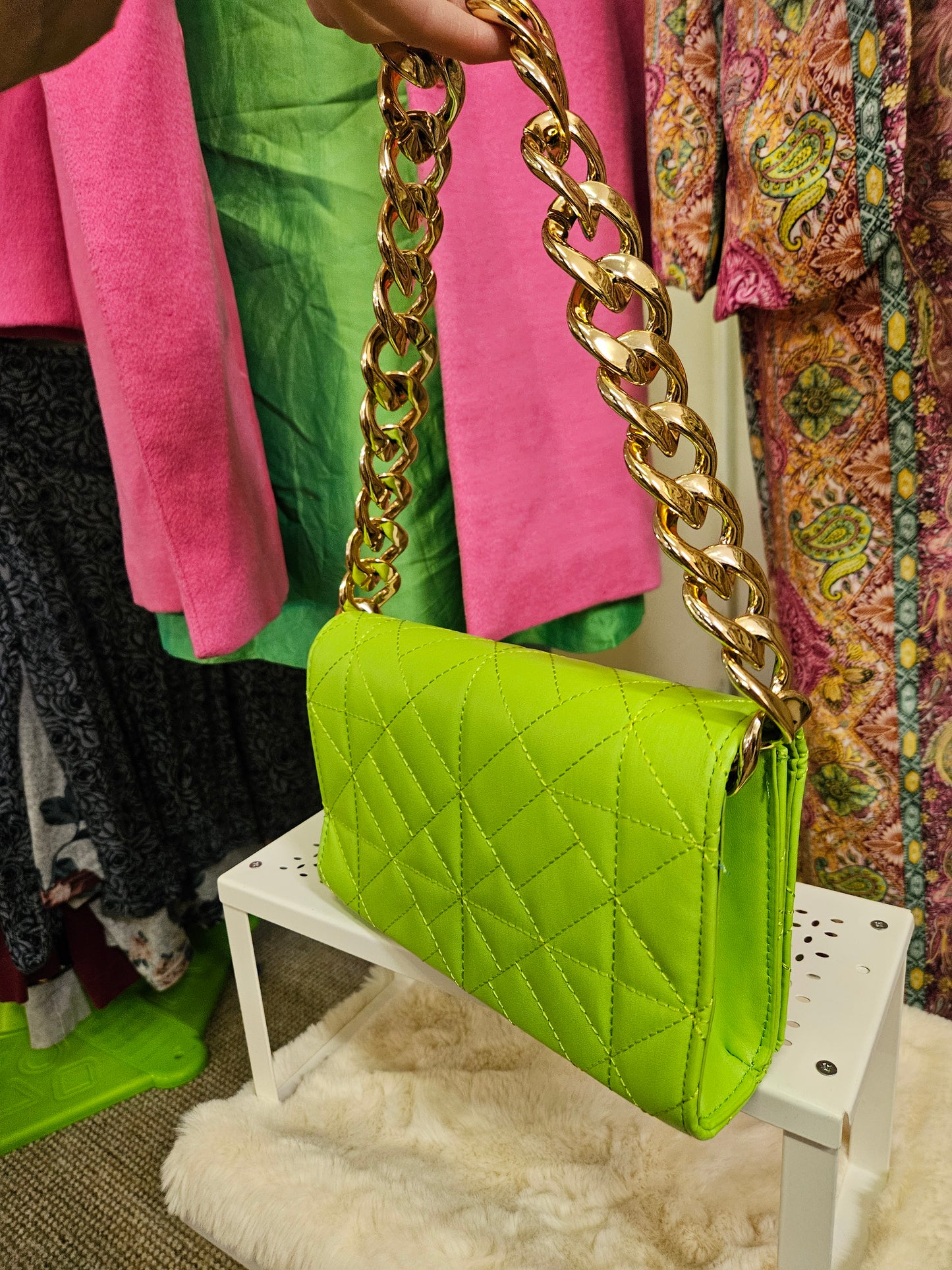 Lime green quilted bag with chunky chain handle