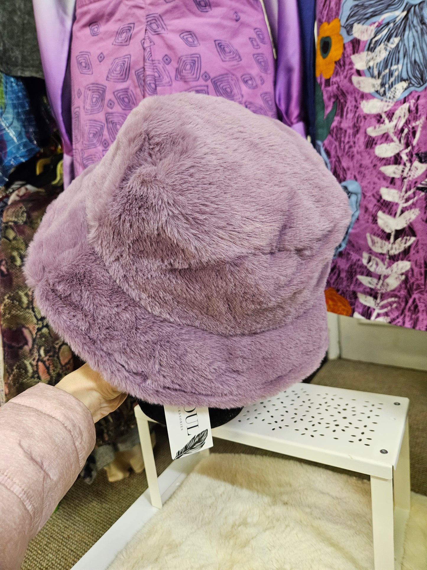 Grape colour,  faux fur bucket hat, new