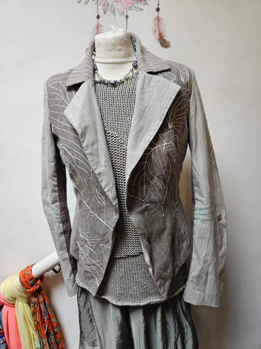 St Martins, Scandinavian dedign, grey jacket with embroidered details, size M