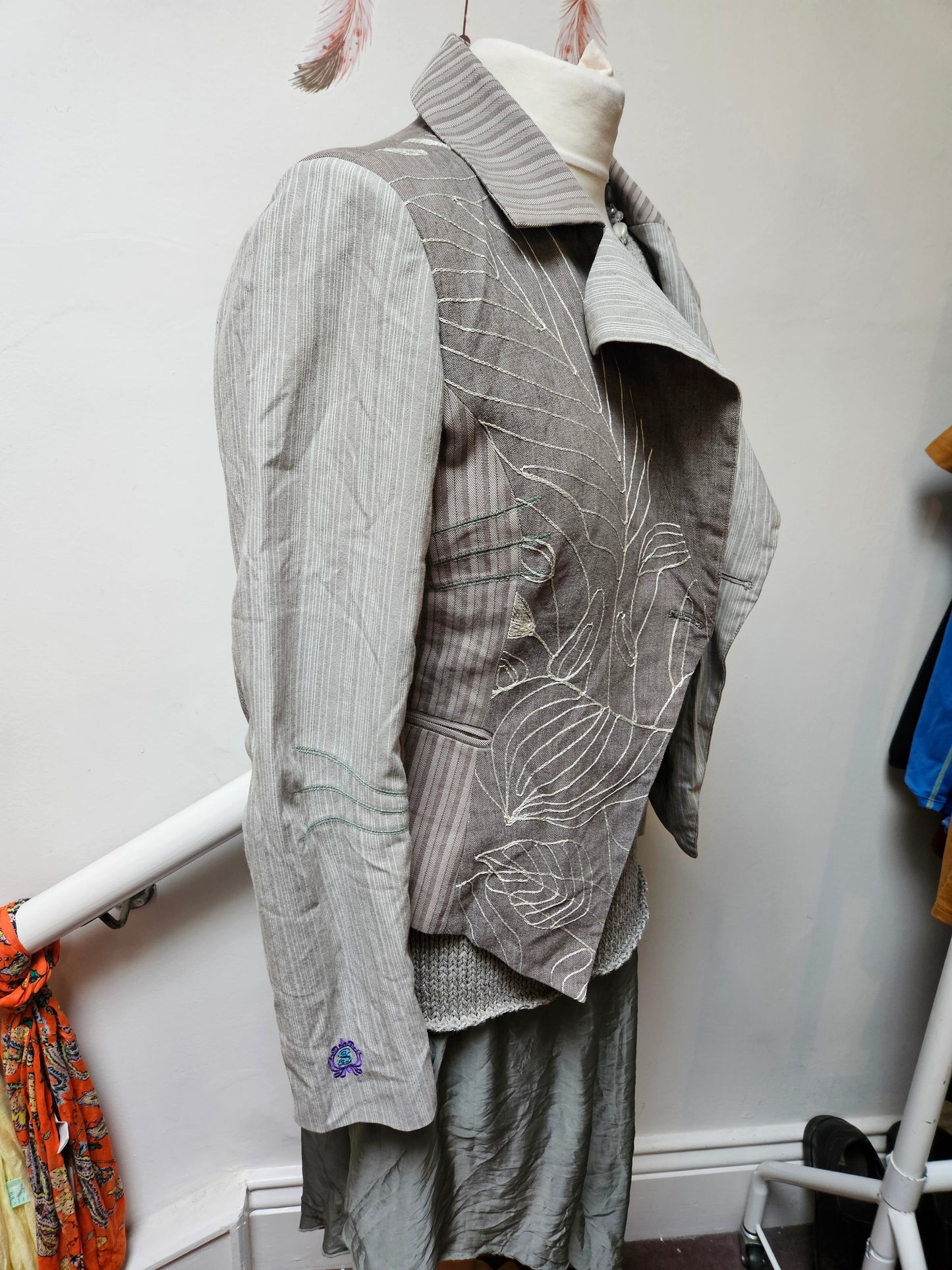St Martins, Scandinavian dedign, grey jacket with embroidered details, size M
