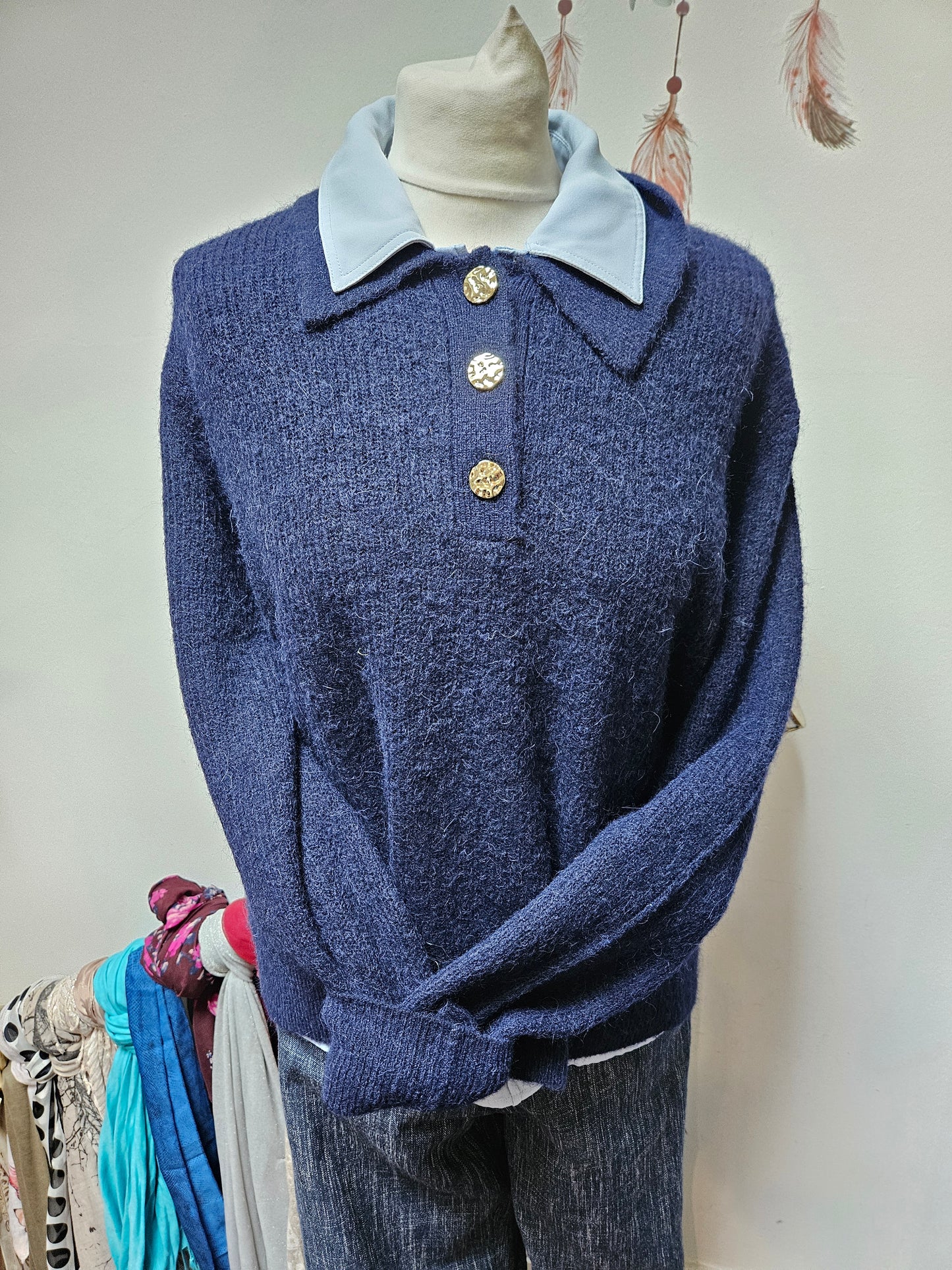 Primark, 10% wool, 8% alpaca, navy jumper with gold buttons, size XL