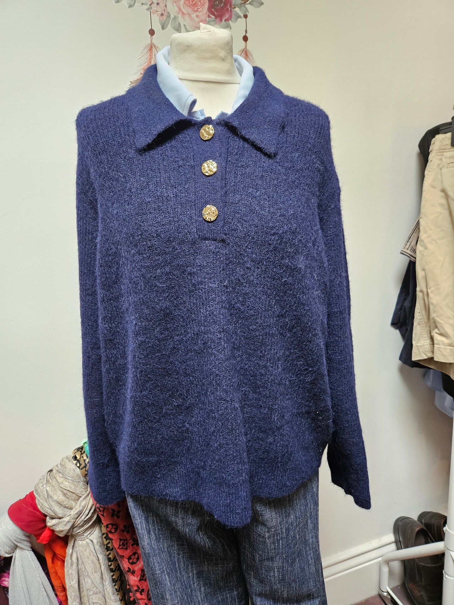 Primark, 10% wool, 8% alpaca, navy jumper with gold buttons, size XL