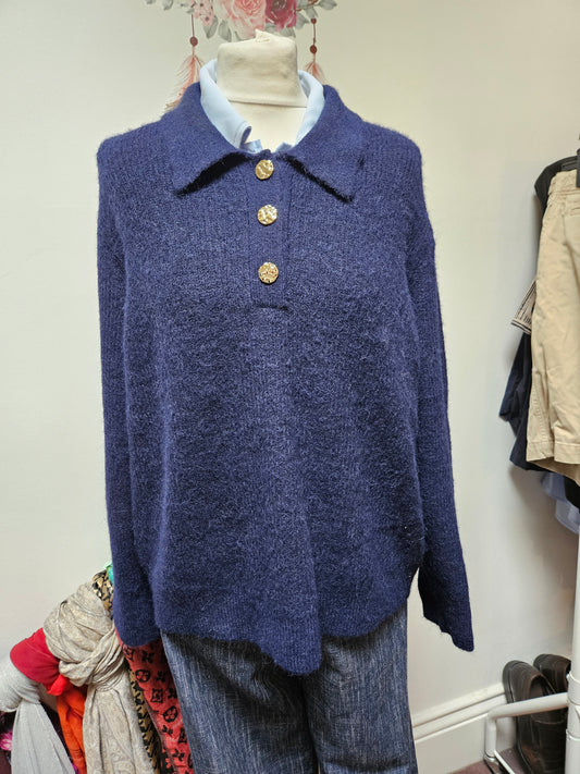 Primark, 10% wool, 8% alpaca, navy jumper with gold buttons, size XL