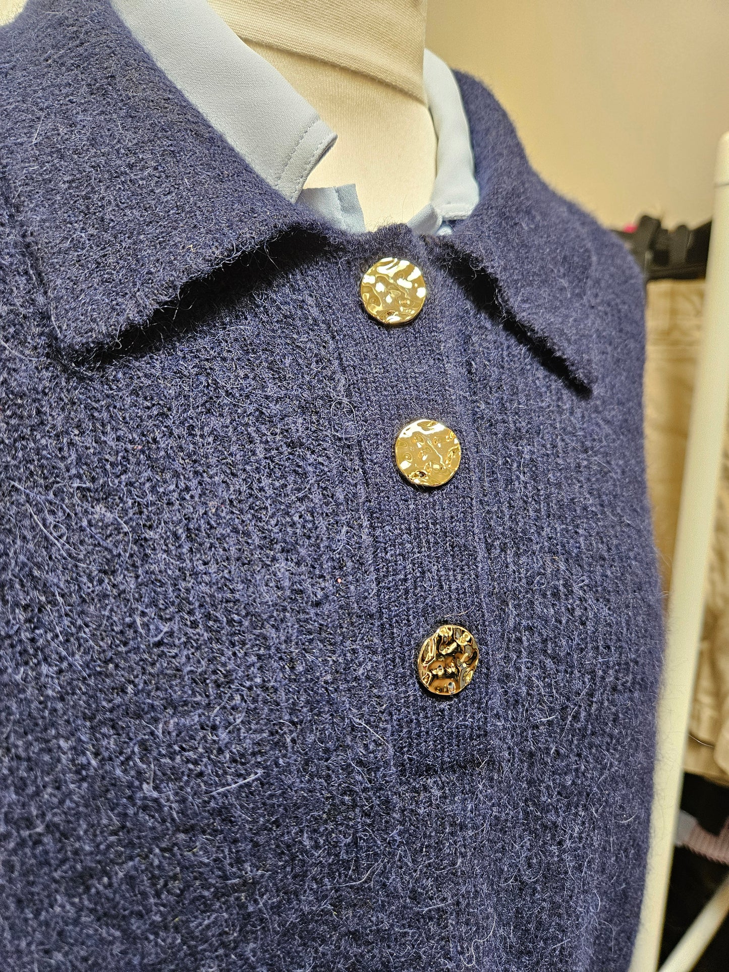 Primark, 10% wool, 8% alpaca, navy jumper with gold buttons, size XL