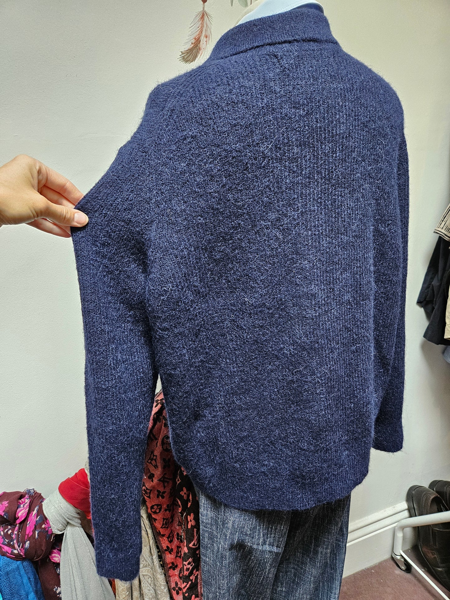 Primark, 10% wool, 8% alpaca, navy jumper with gold buttons, size XL