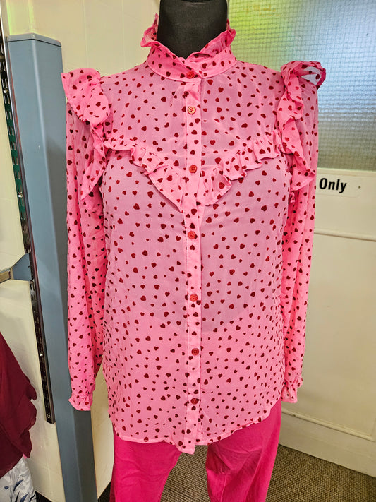 Savida, heart print, ruffle top, size XS
