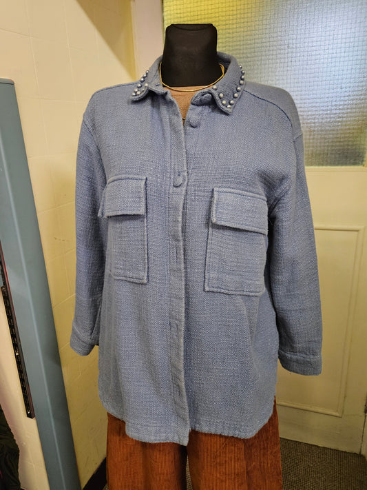 Gallery, 100% cotton, blue jacket with pearls on the collar, size M