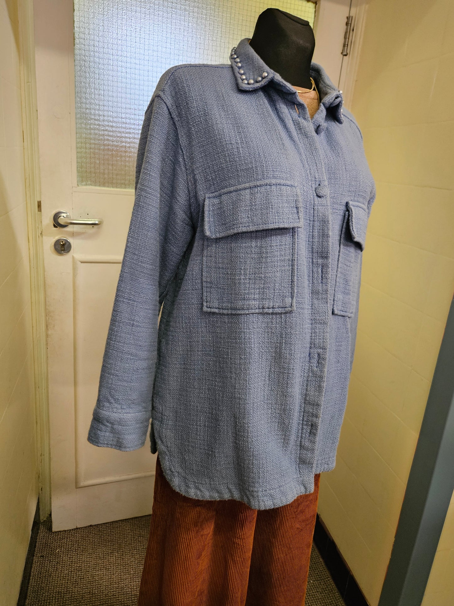 Gallery, 100% cotton, blue jacket with pearls on the collar, size M