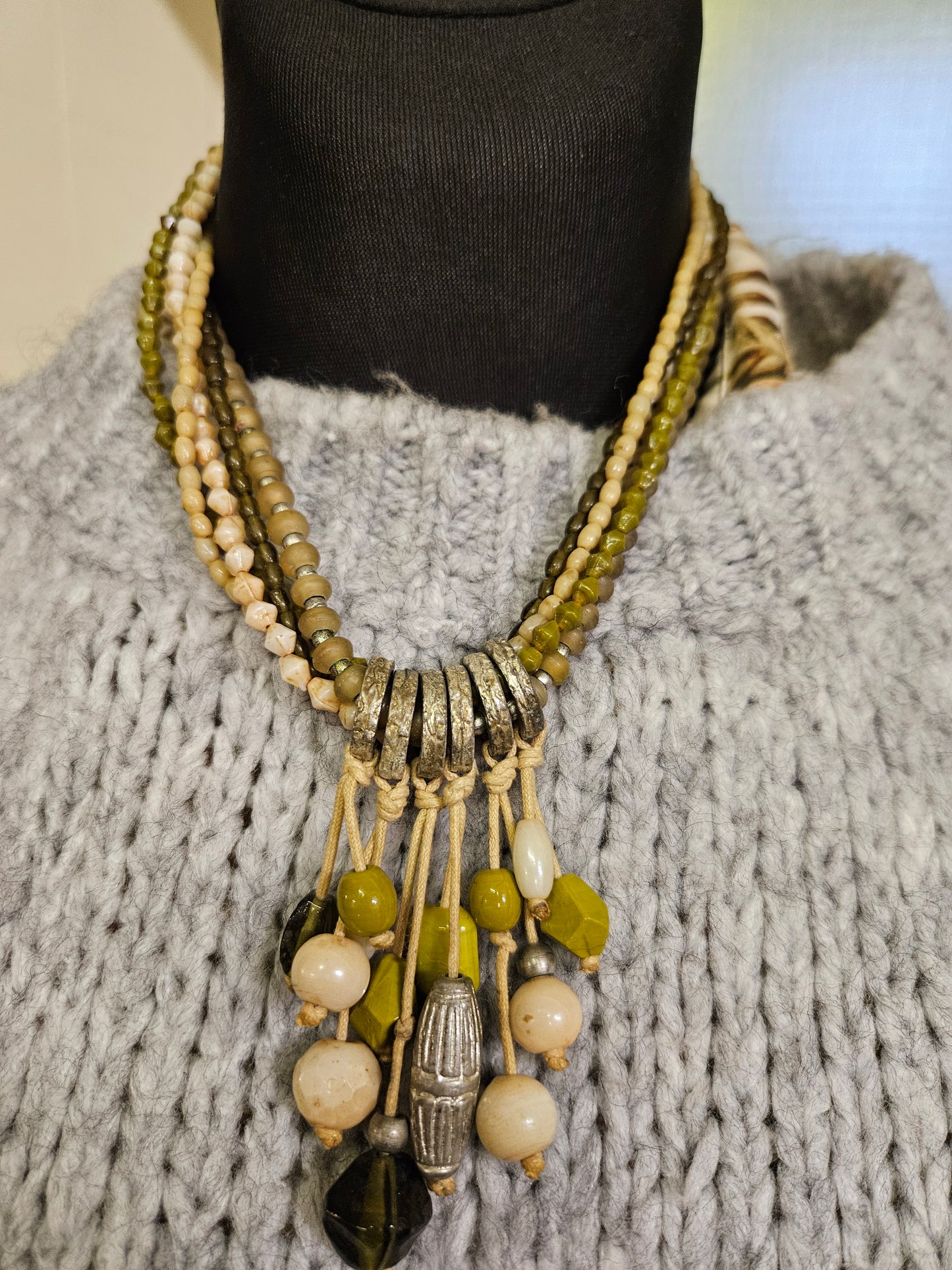 Lime green/green/beige statement necklace