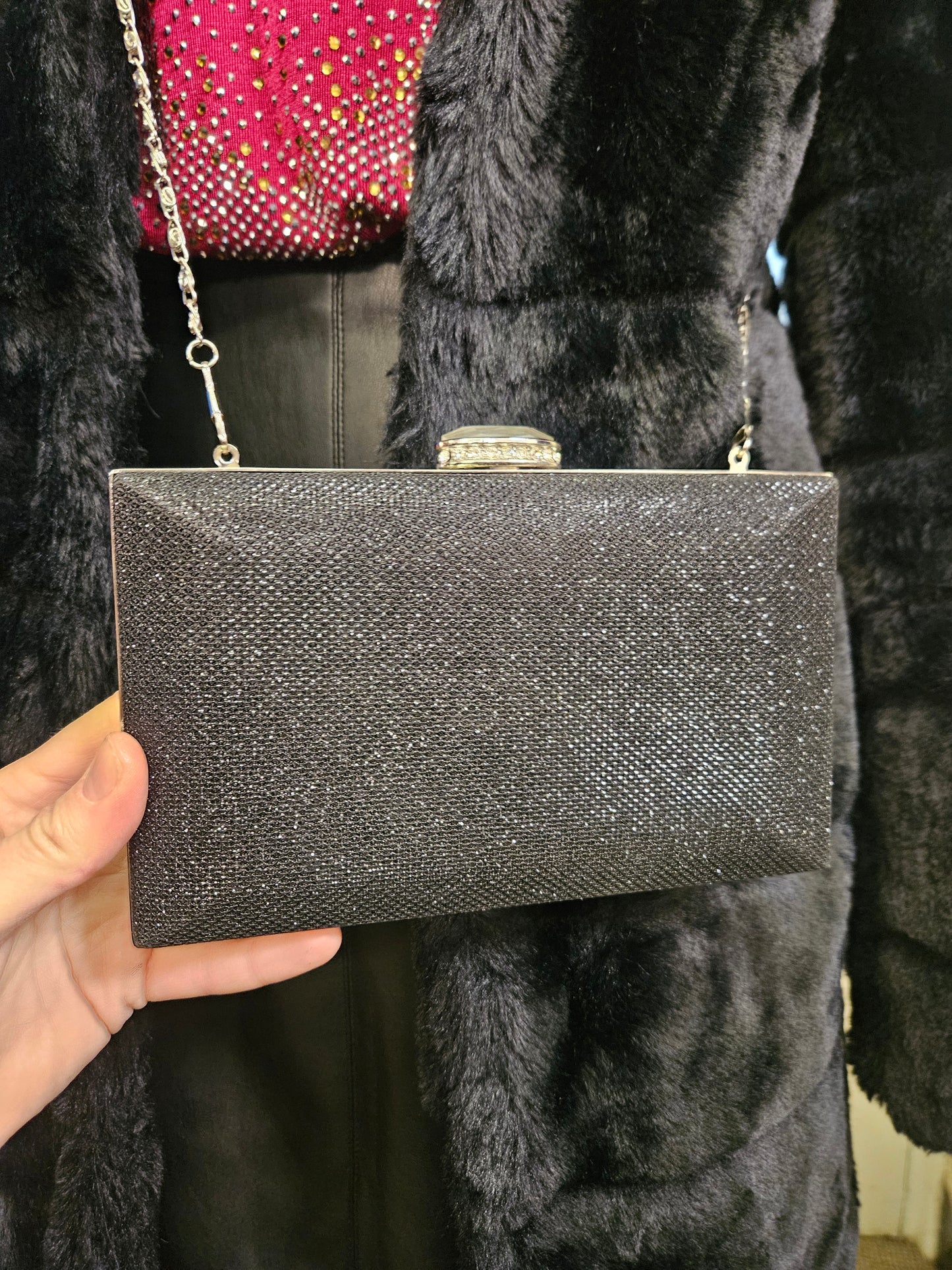 Black glitter box clutch