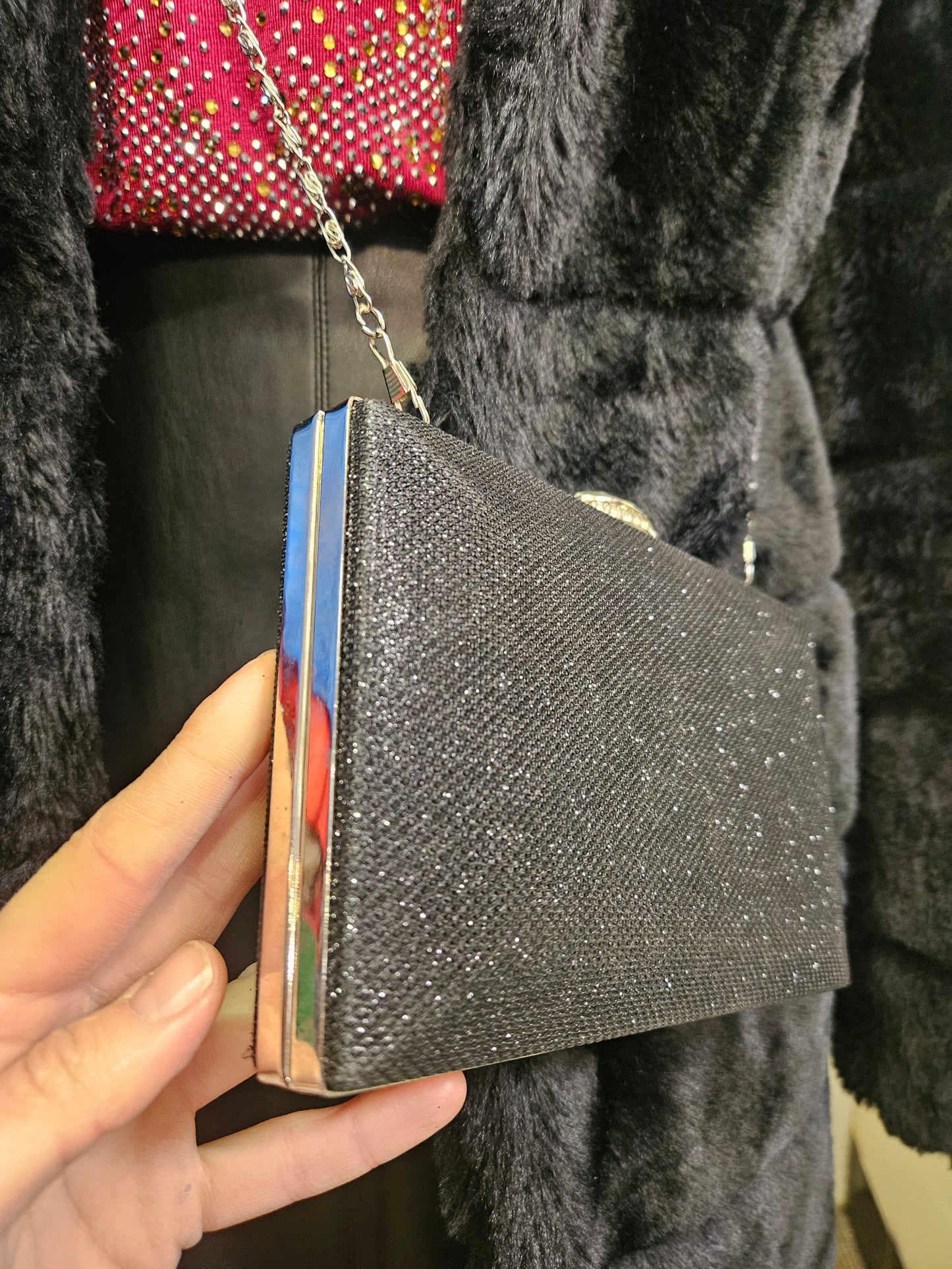 Black glitter box clutch