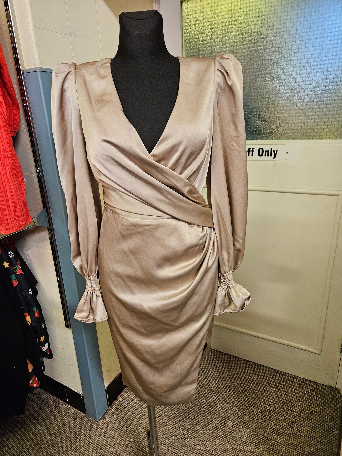 LAVISH ALICE
Satin Balloon Sleeve Wrap Midi Dress In Champagne-gold, size 10