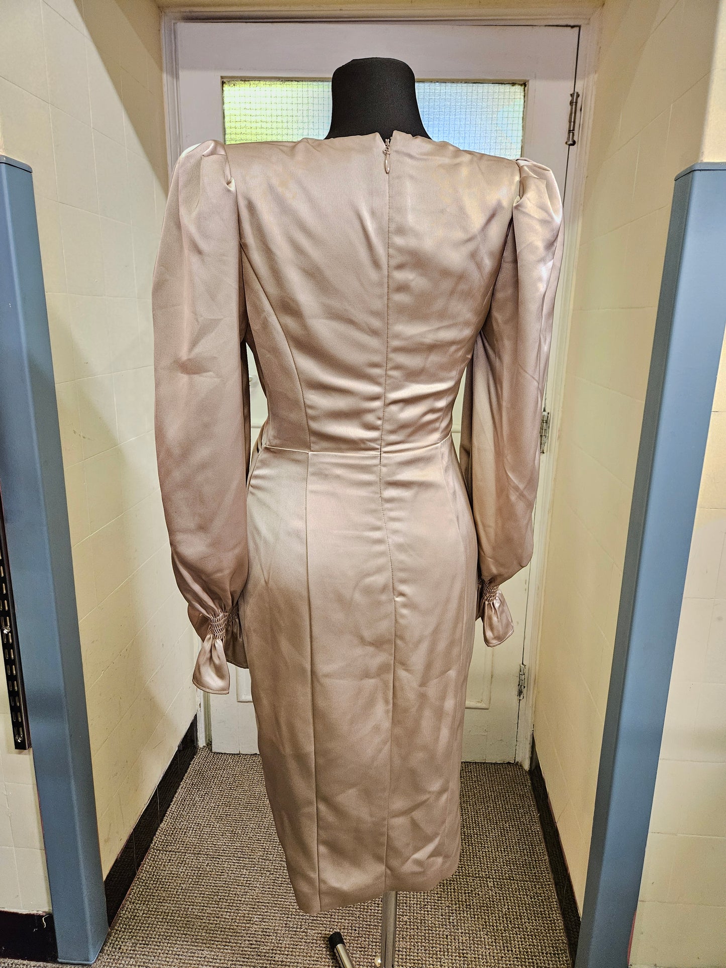 LAVISH ALICE
Satin Balloon Sleeve Wrap Midi Dress In Champagne-gold, size 10