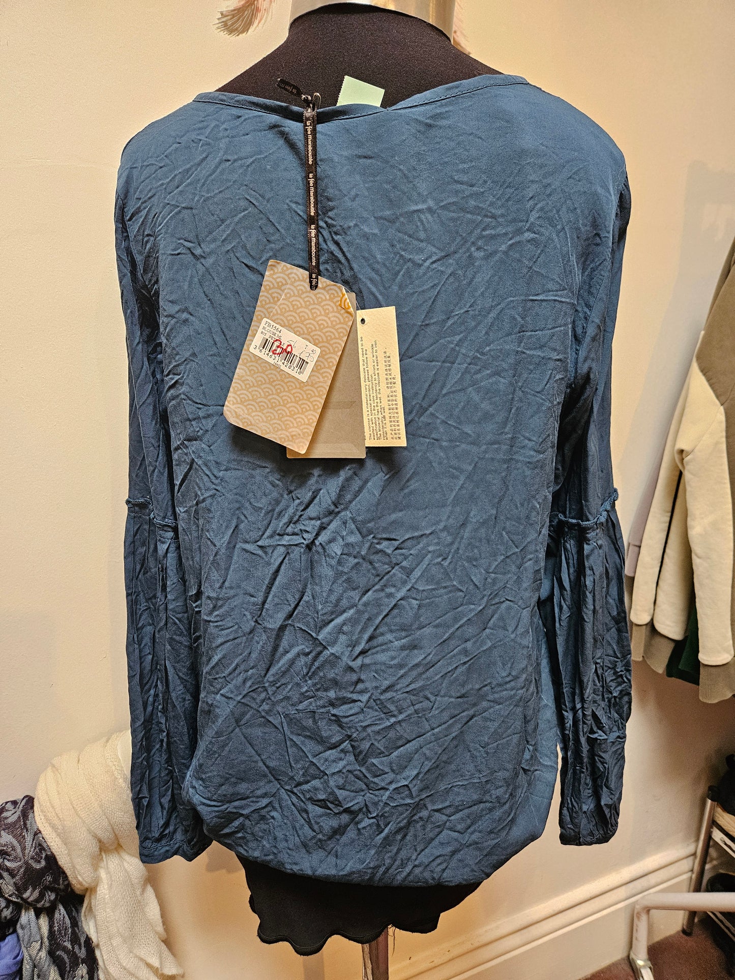 La Fe Maraboutee viscose blouse, tags on, rrp 75€, petrol blue, size M