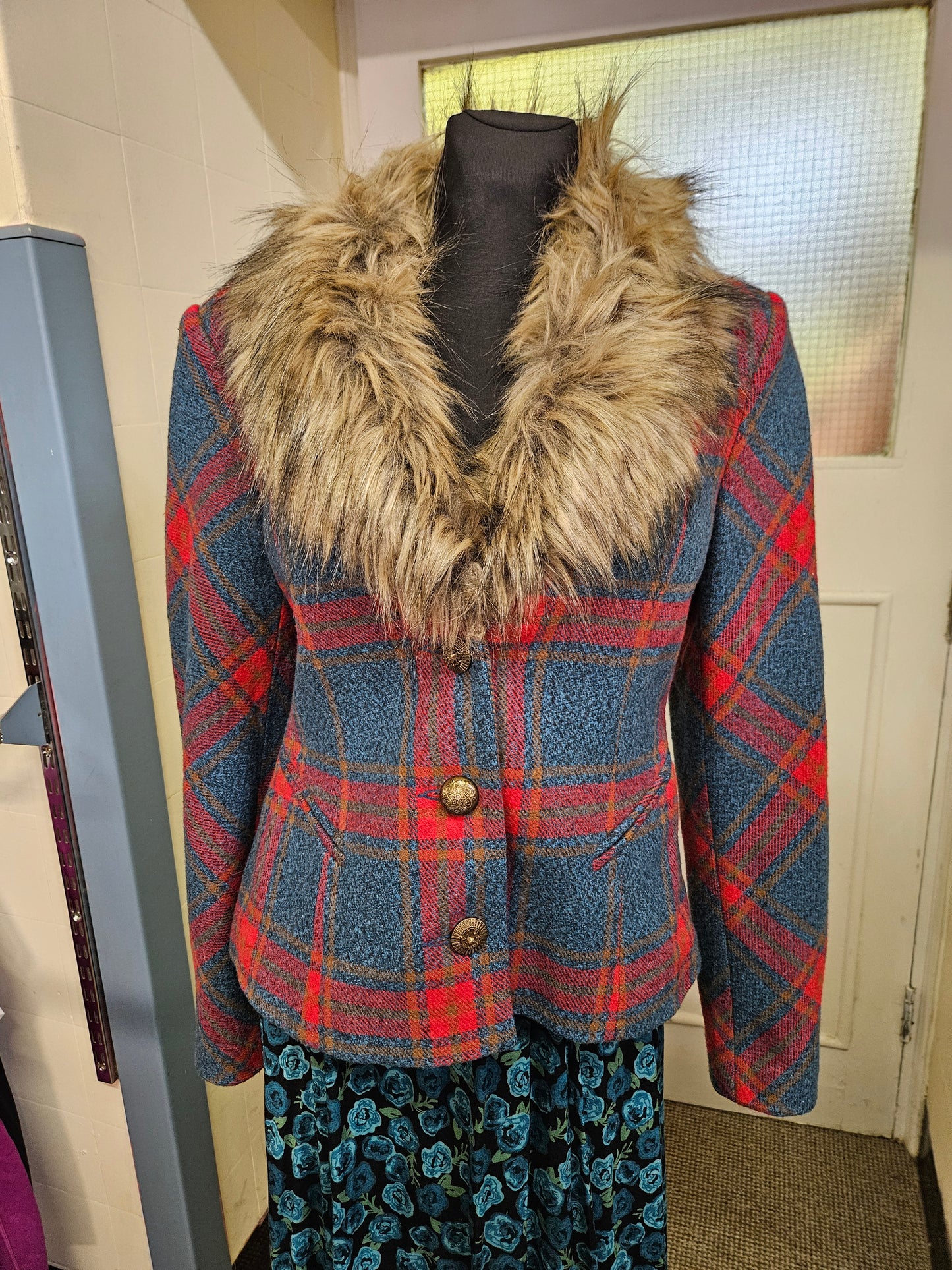 Joe Browns, Checked tweedy jacket with faux fur collar, size 14