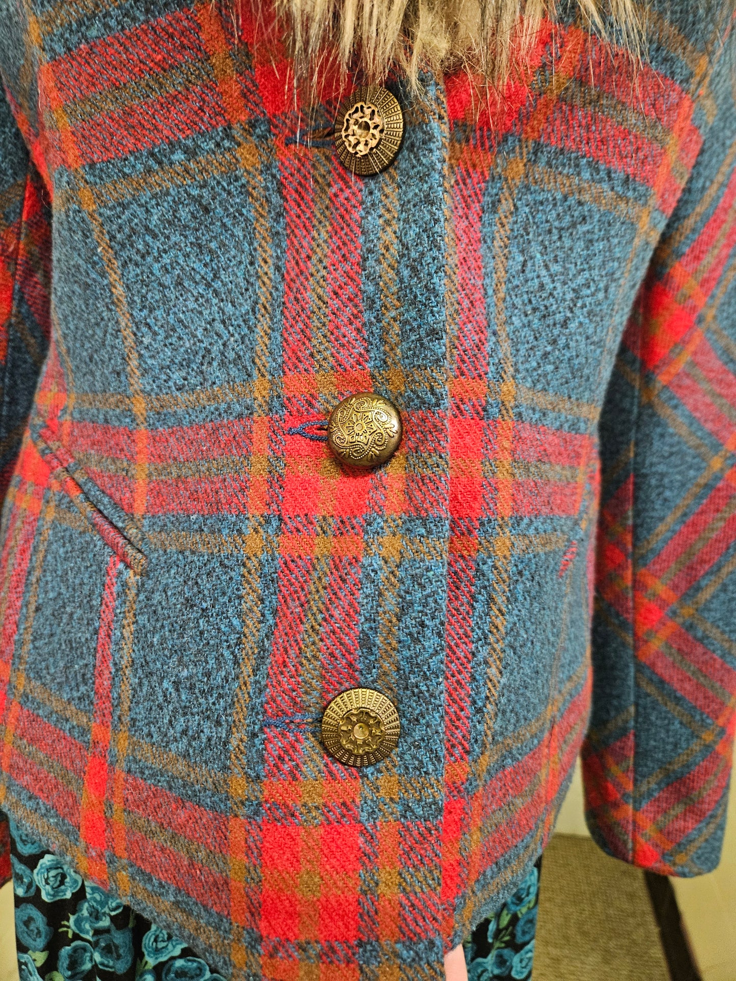 Joe Browns, Checked tweedy jacket with faux fur collar, size 14