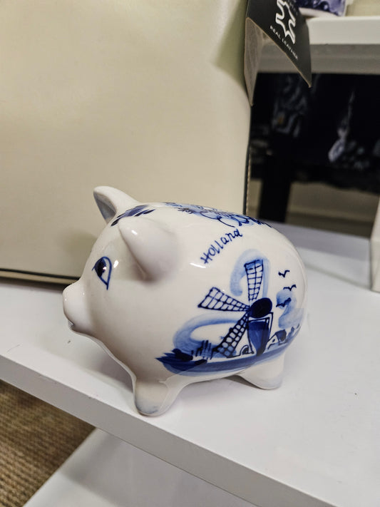 Vintage Delft Blue and White Handpainted Piggy Pig Bank Floral Holland Windmill