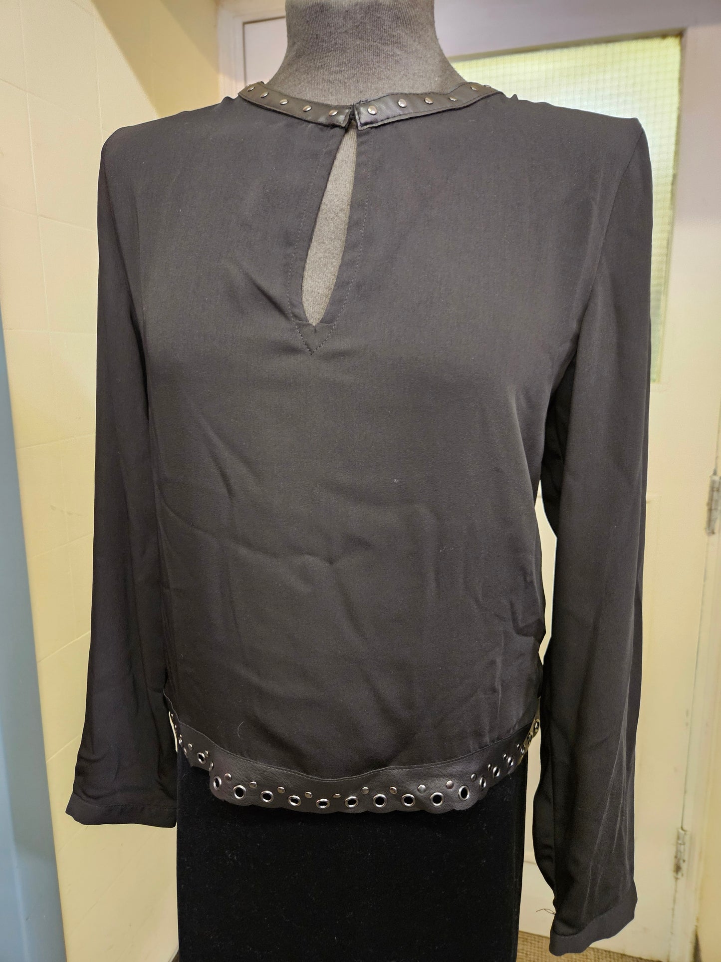 Zara, black top with faux leather detail, size S