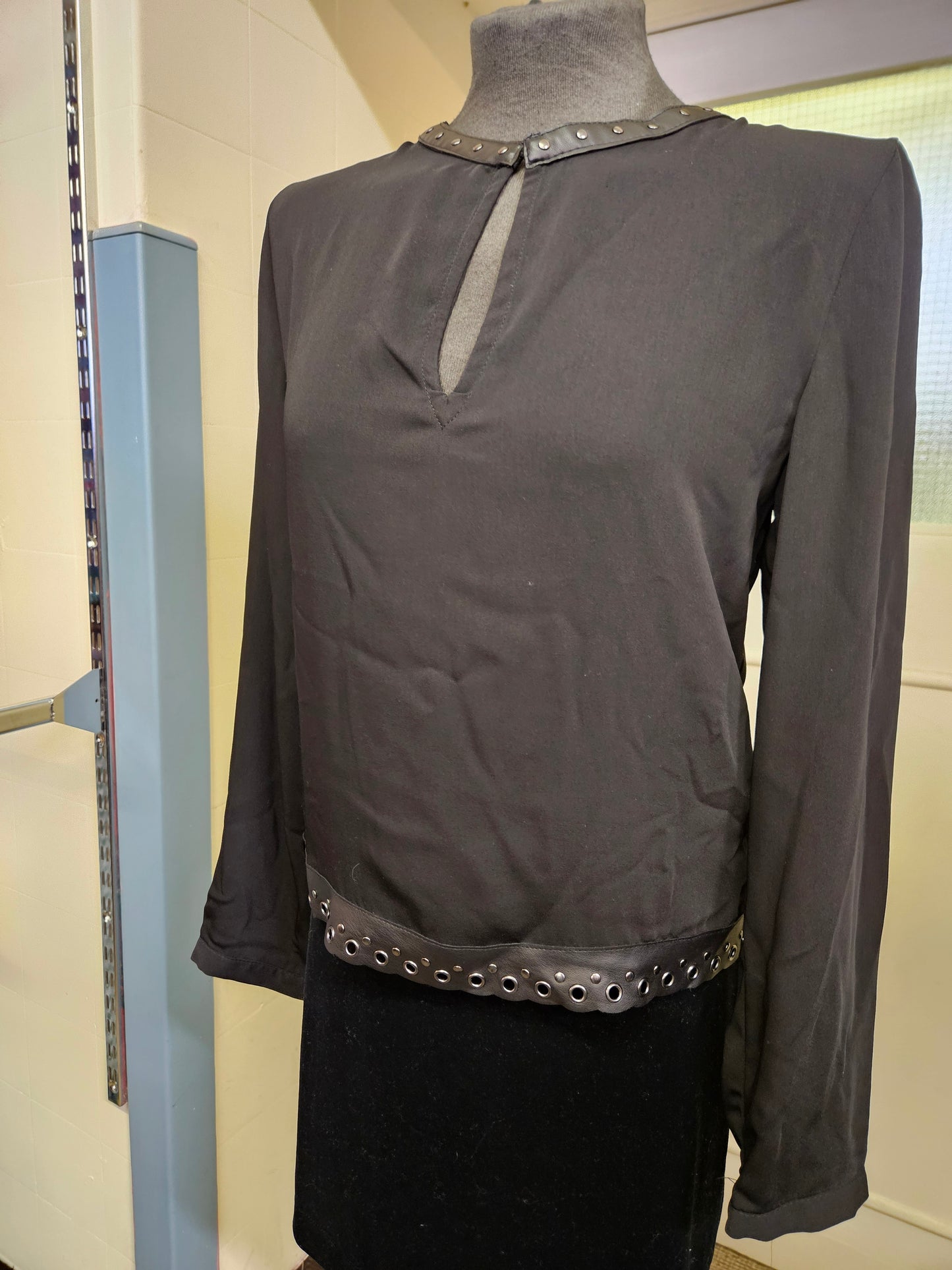 Zara, black top with faux leather detail, size S
