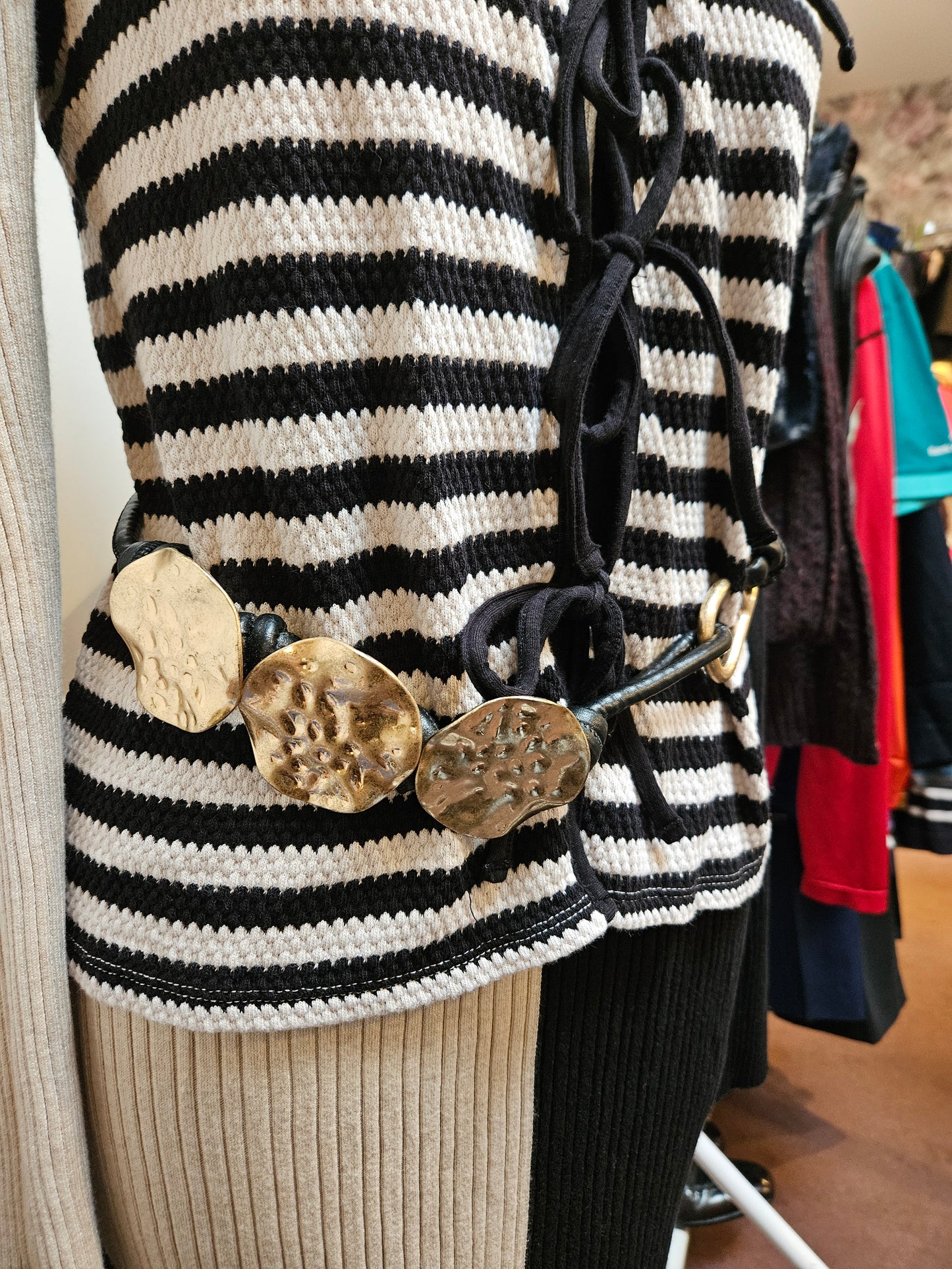 Leather style belt with gold hammered circles