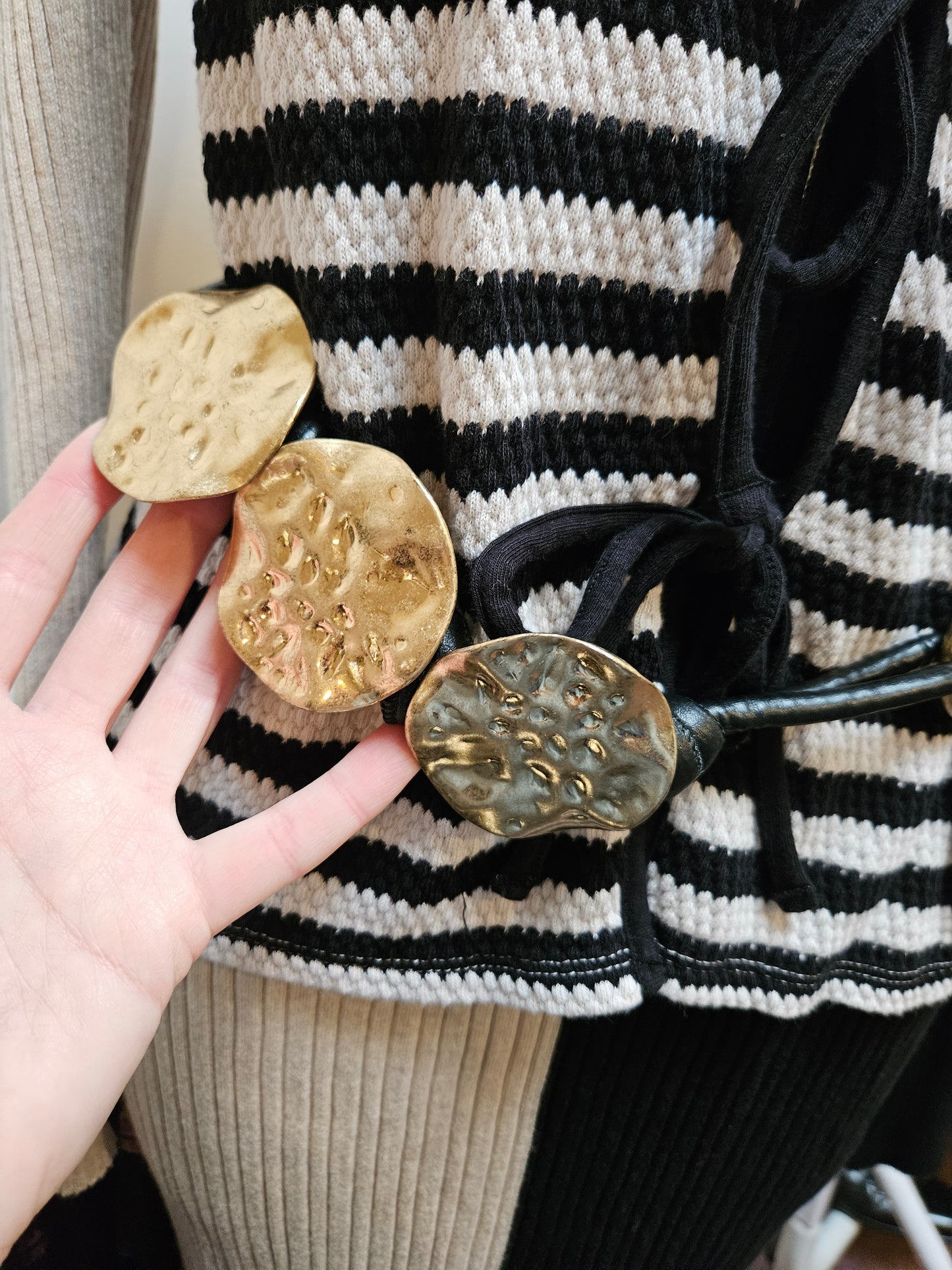 Leather style belt with gold hammered circles