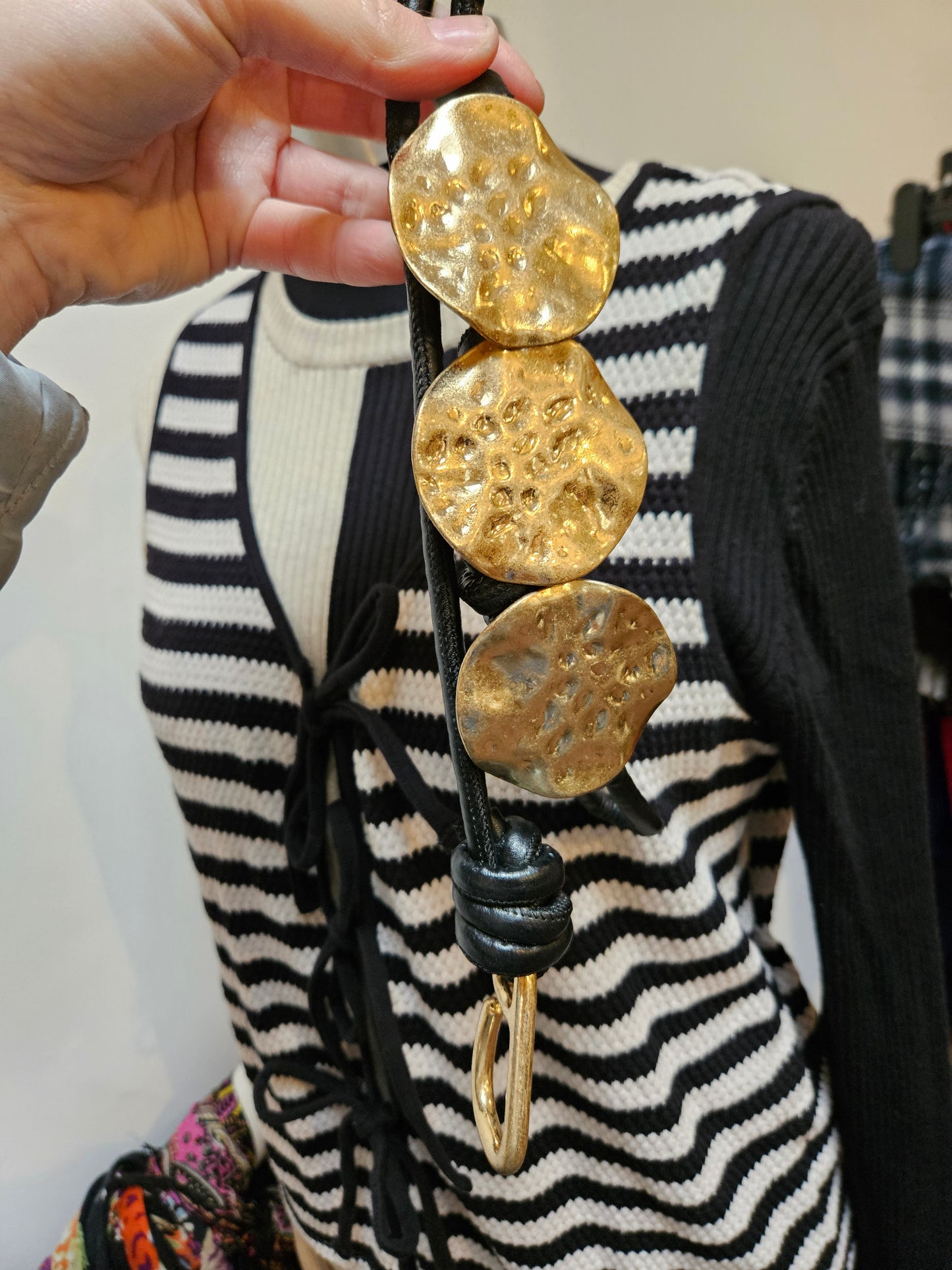Leather style belt with gold hammered circles