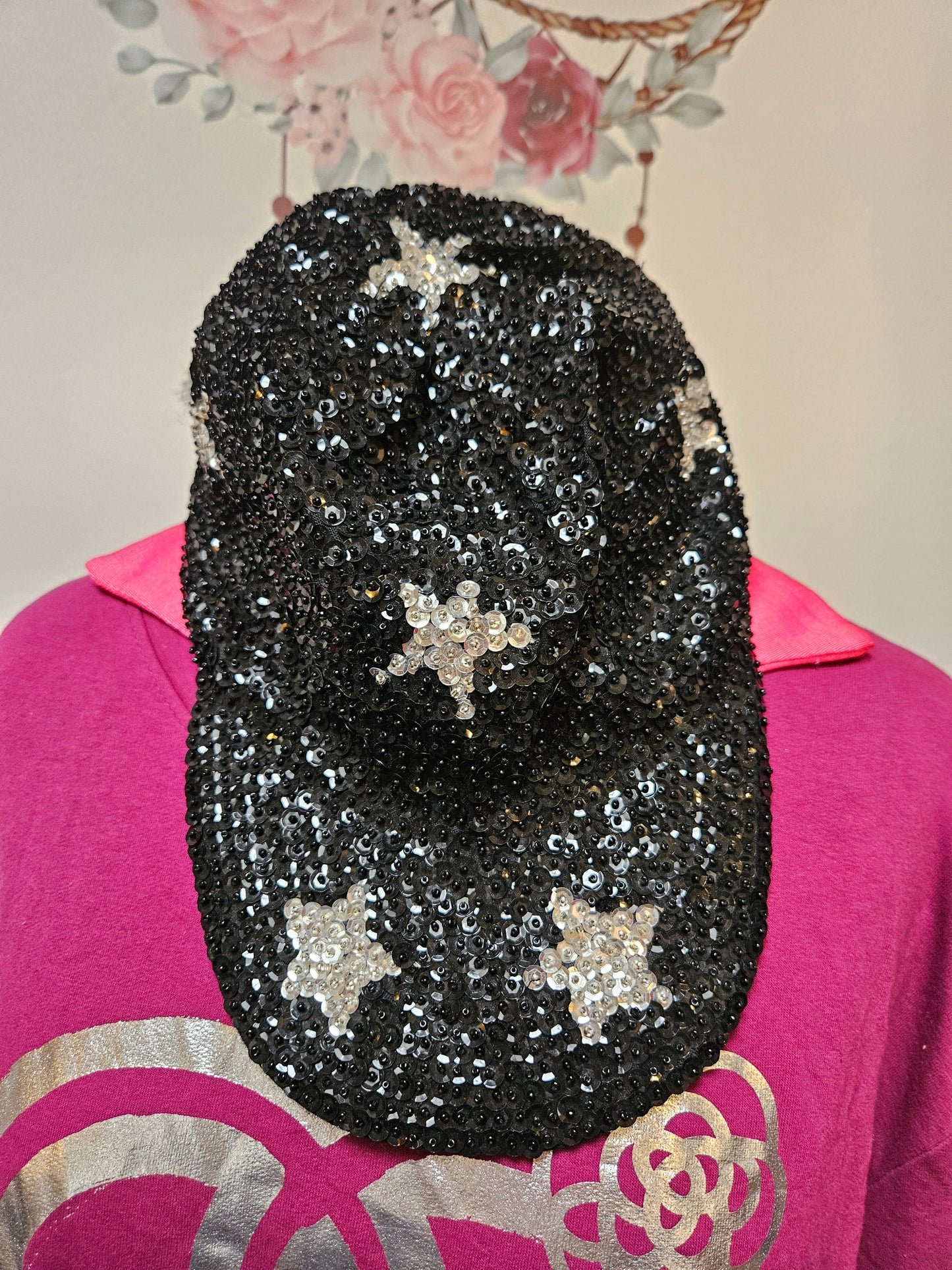 Black sequins cap, silver stars