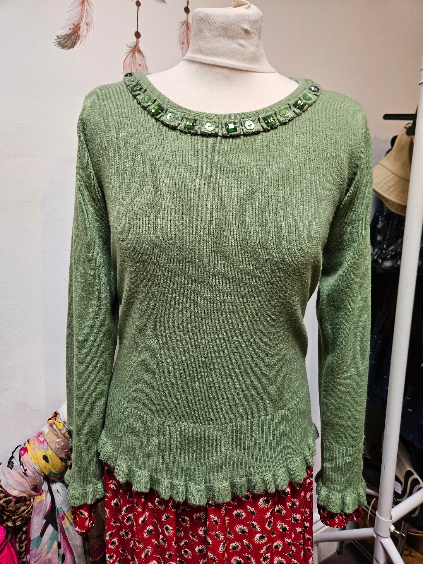 II Text green jumper.woth decorative buttons, size S