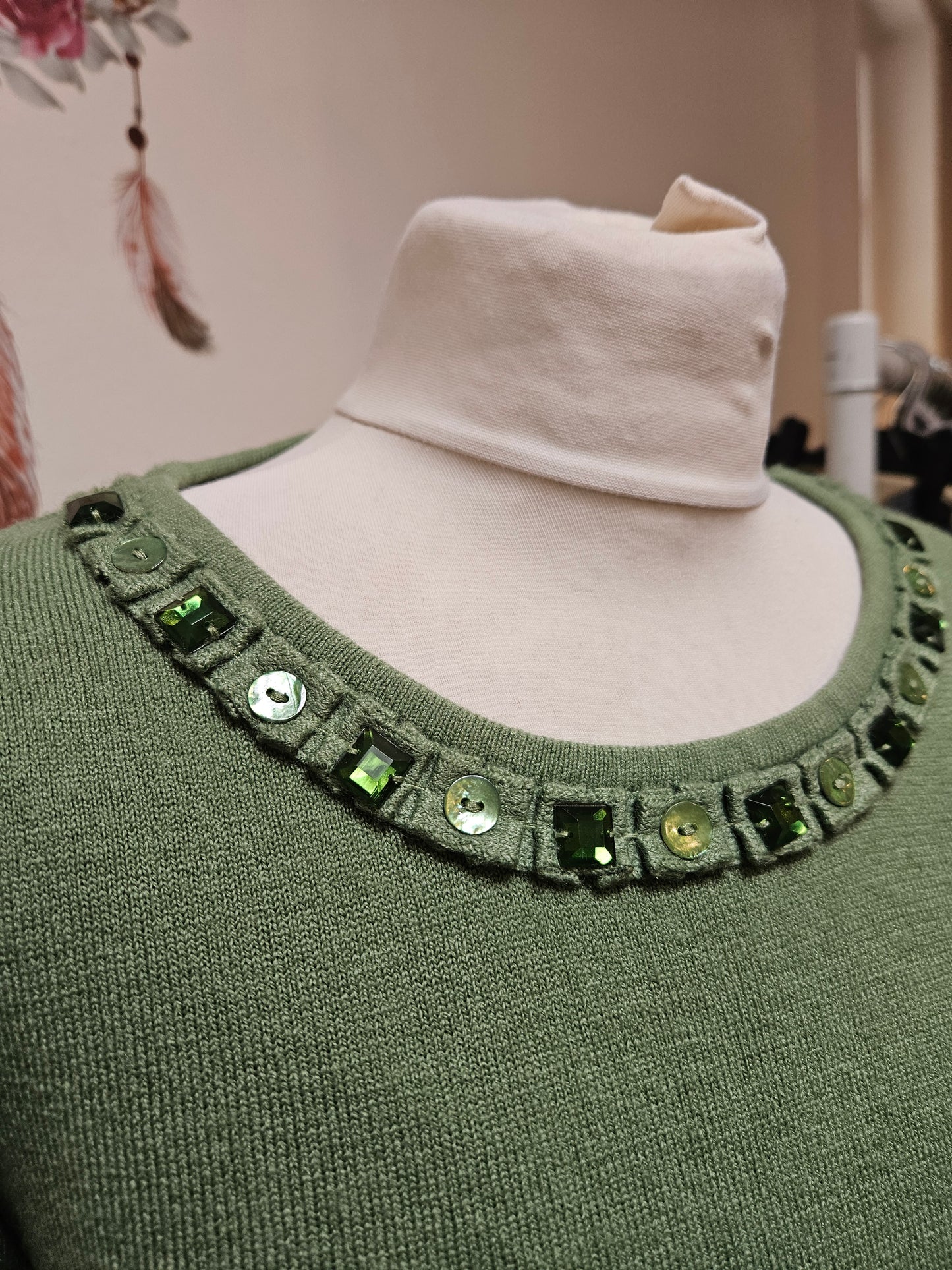 II Text green jumper.woth decorative buttons, size S