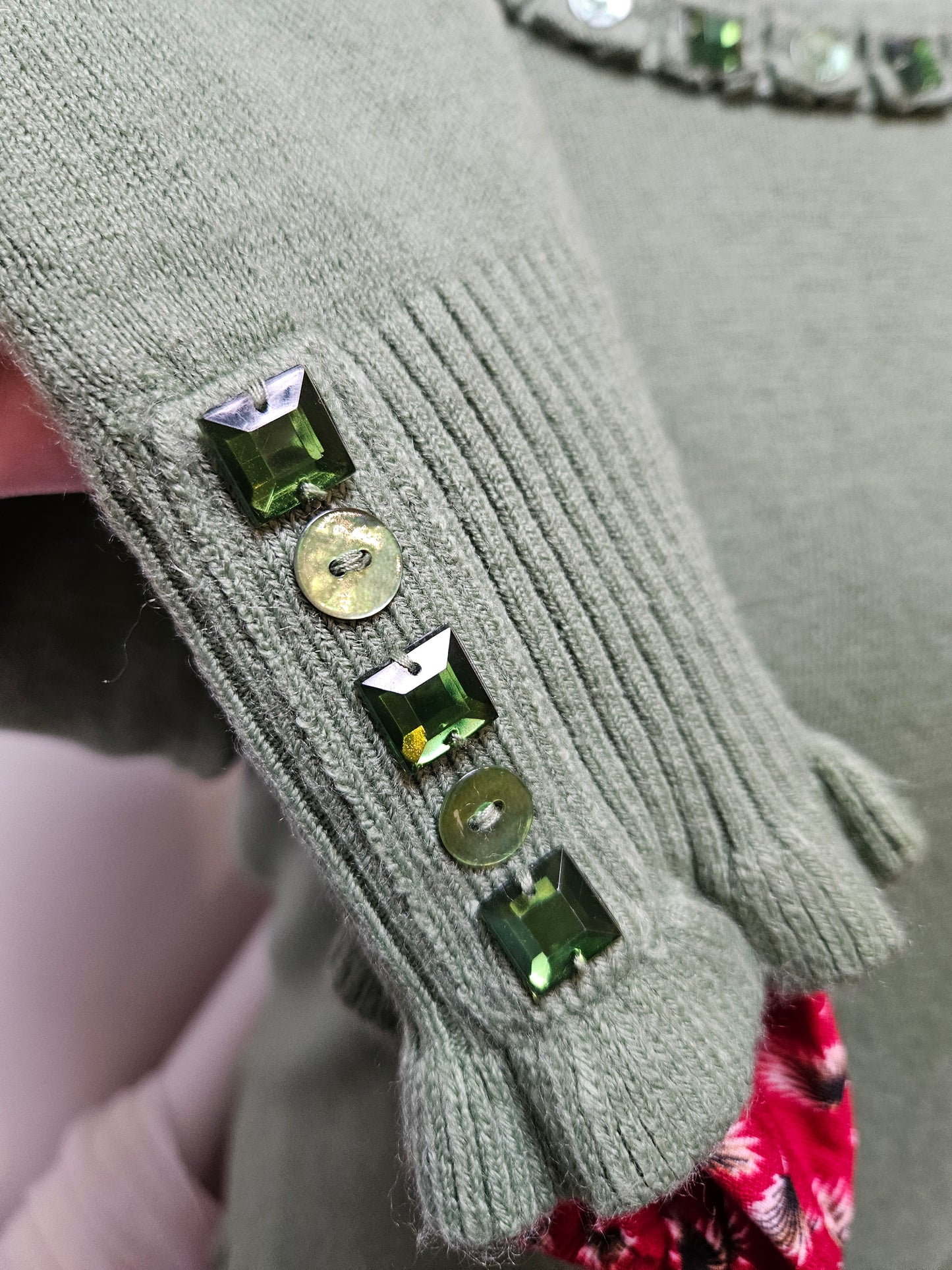 II Text green jumper.woth decorative buttons, size S